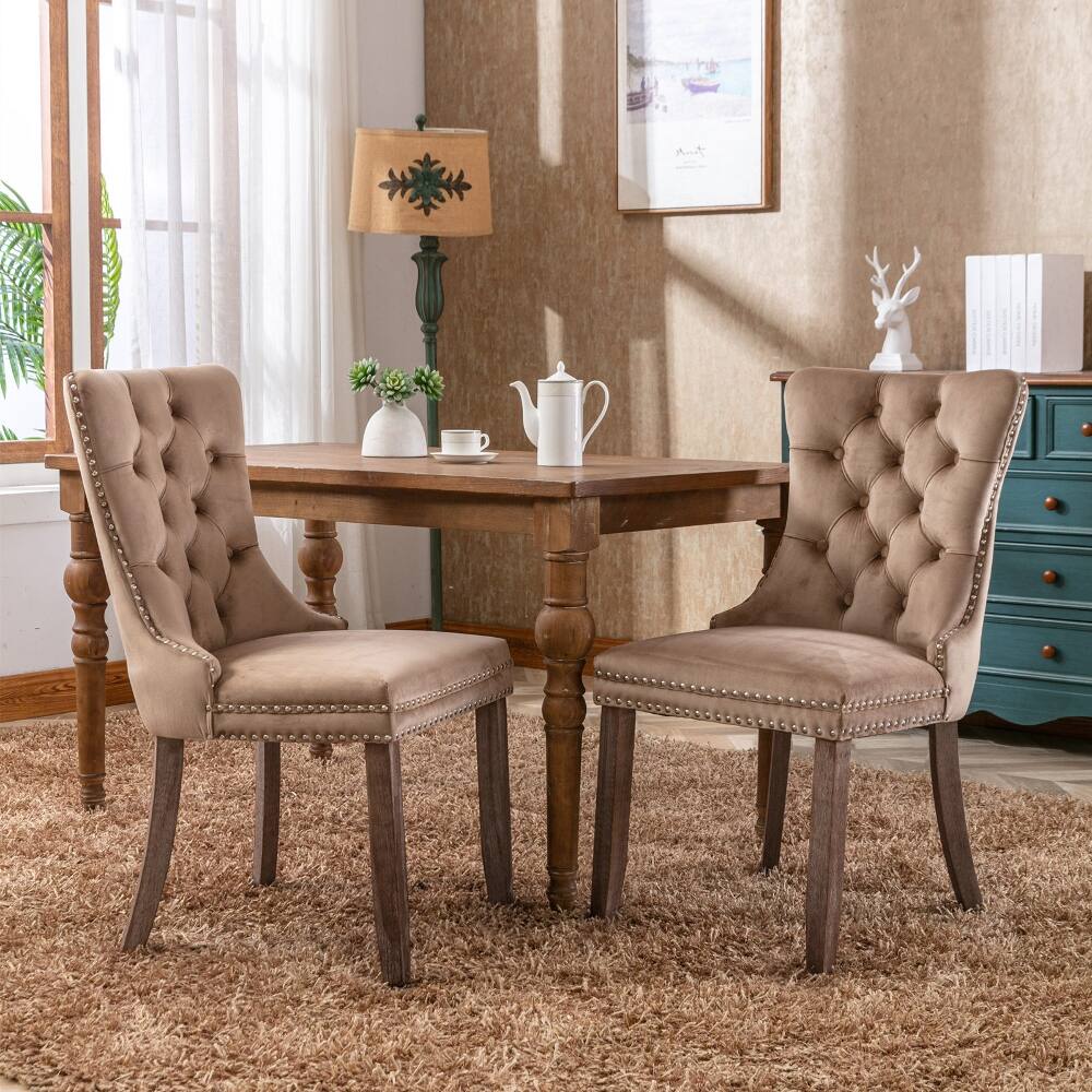 Front. Loheer - Loheer Khaki Velvet Dining Chairs Set of 2 Tufted Solid Wood Nailhead Trim - Khaki.