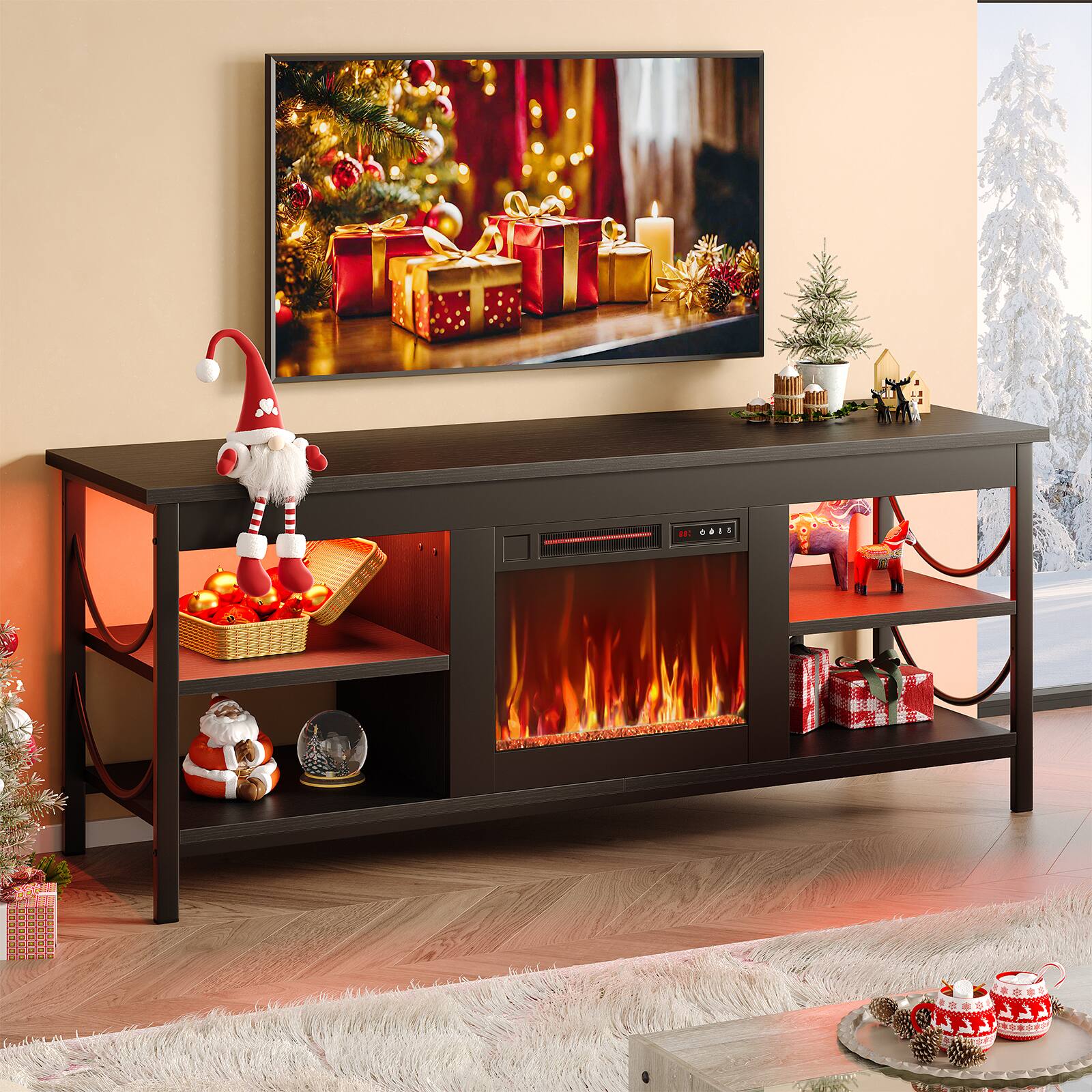 The image does not contain any text to group or correct. It shows a festive living room setup with a TV, a fireplace, and Christmas decorations.