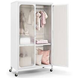 Costway - Storage Wardrobe Cabinet Mobile Armoire Closet with Hanging Rod & Adjustable Shelf - White