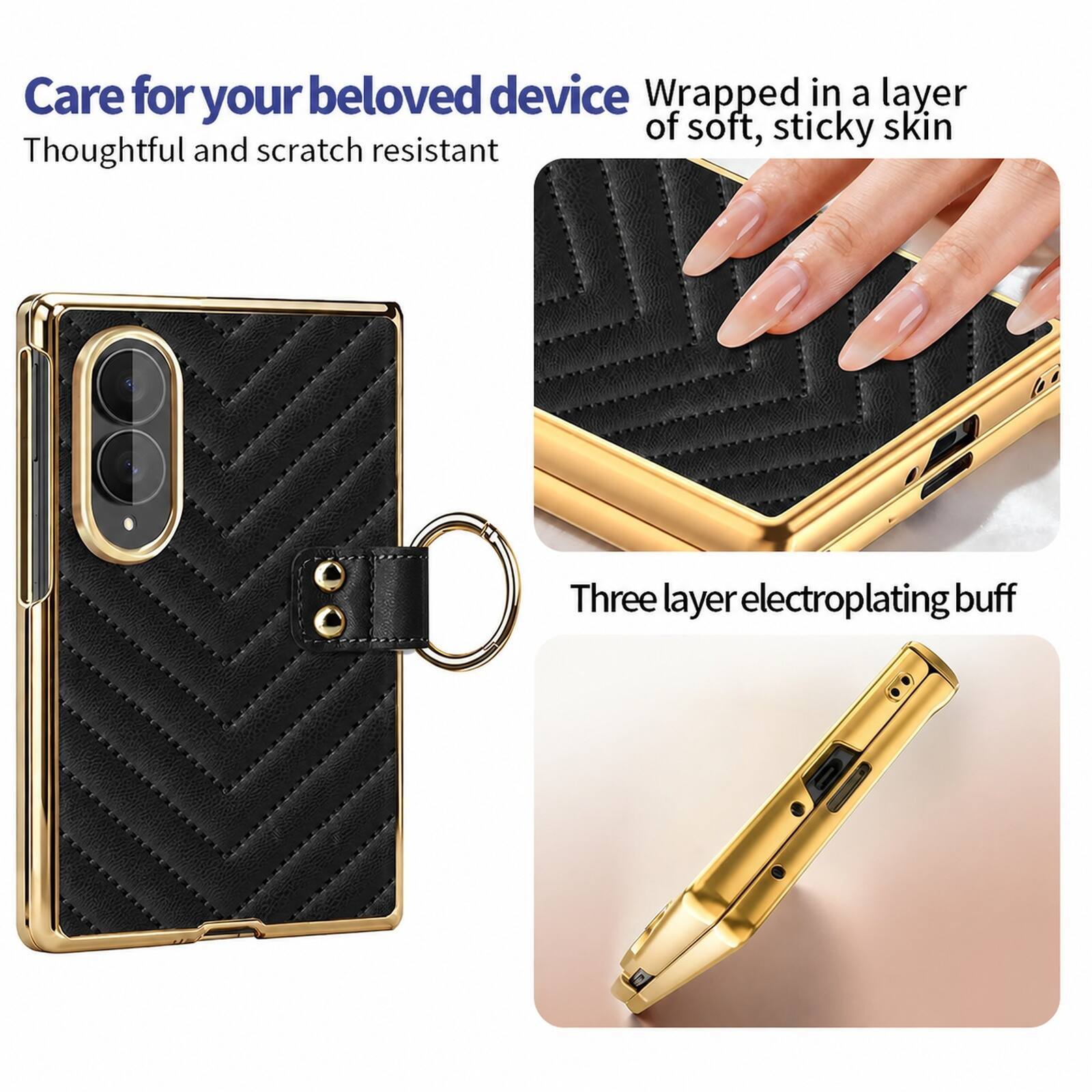 Care for your beloved device  
Wrapped in a layer of soft, sticky skin  
Thoughtful and scratch resistant  

Three layer electroplating buff