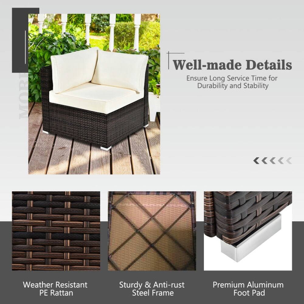 Well-made Details  
Ensure Long Service Time for Durability and Stability  

- Weather Resistant PE Rattan  
- Sturdy & Anti-rust Steel Frame  
- Premium Aluminum Foot Pad