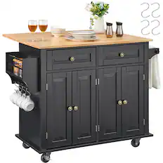 Front. VEVOR - Kitchen Island Cart, 43" Wood Top Mobile Carts with Storage Cabinet, Rolling Table with Drop Leaf, Spice Rack, Towel Bar - Black.