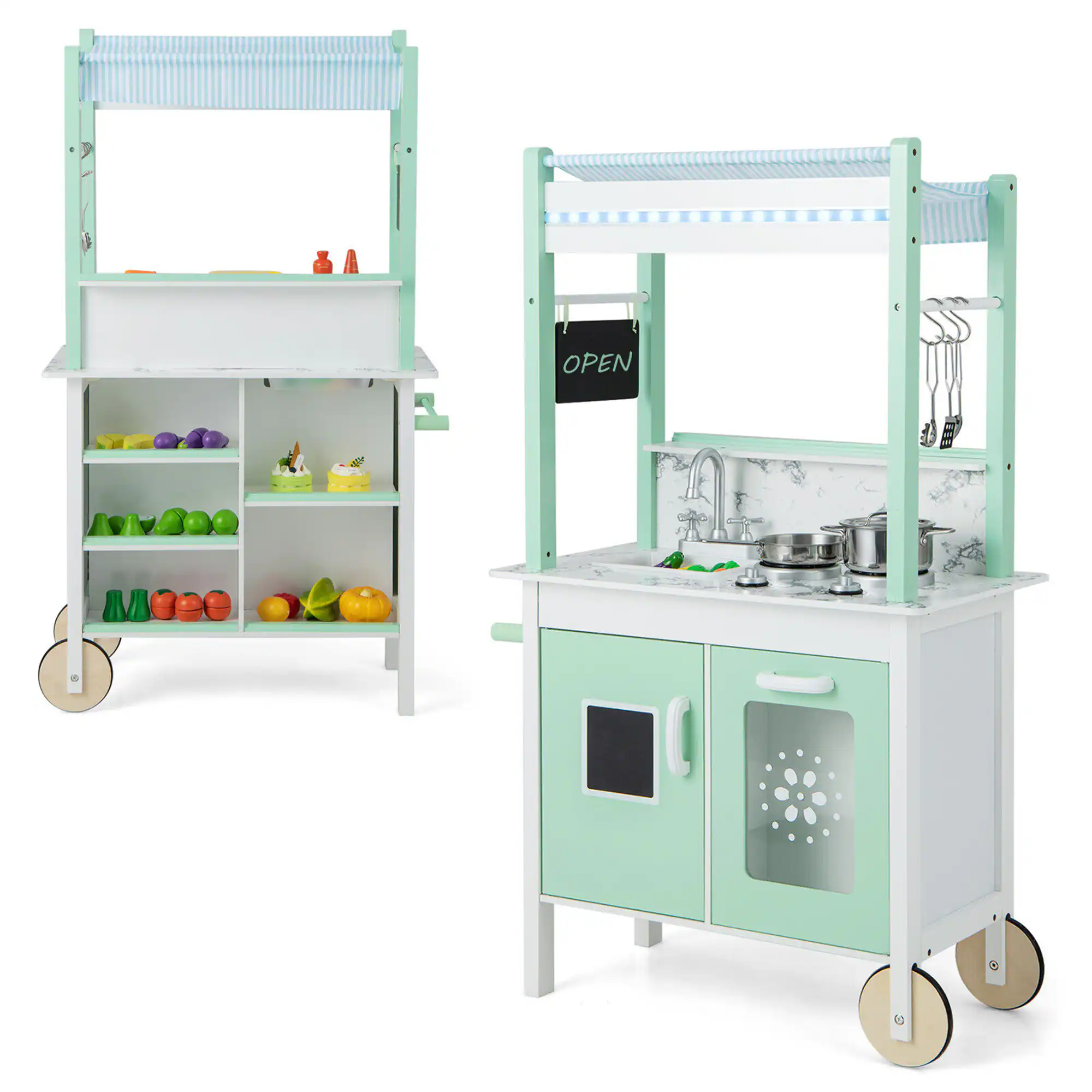 Front. Gymax - Gymax Double-Sided Pretend Play Kitchen Kids Wooden Grocery Stand w/ Remote Control - Green.