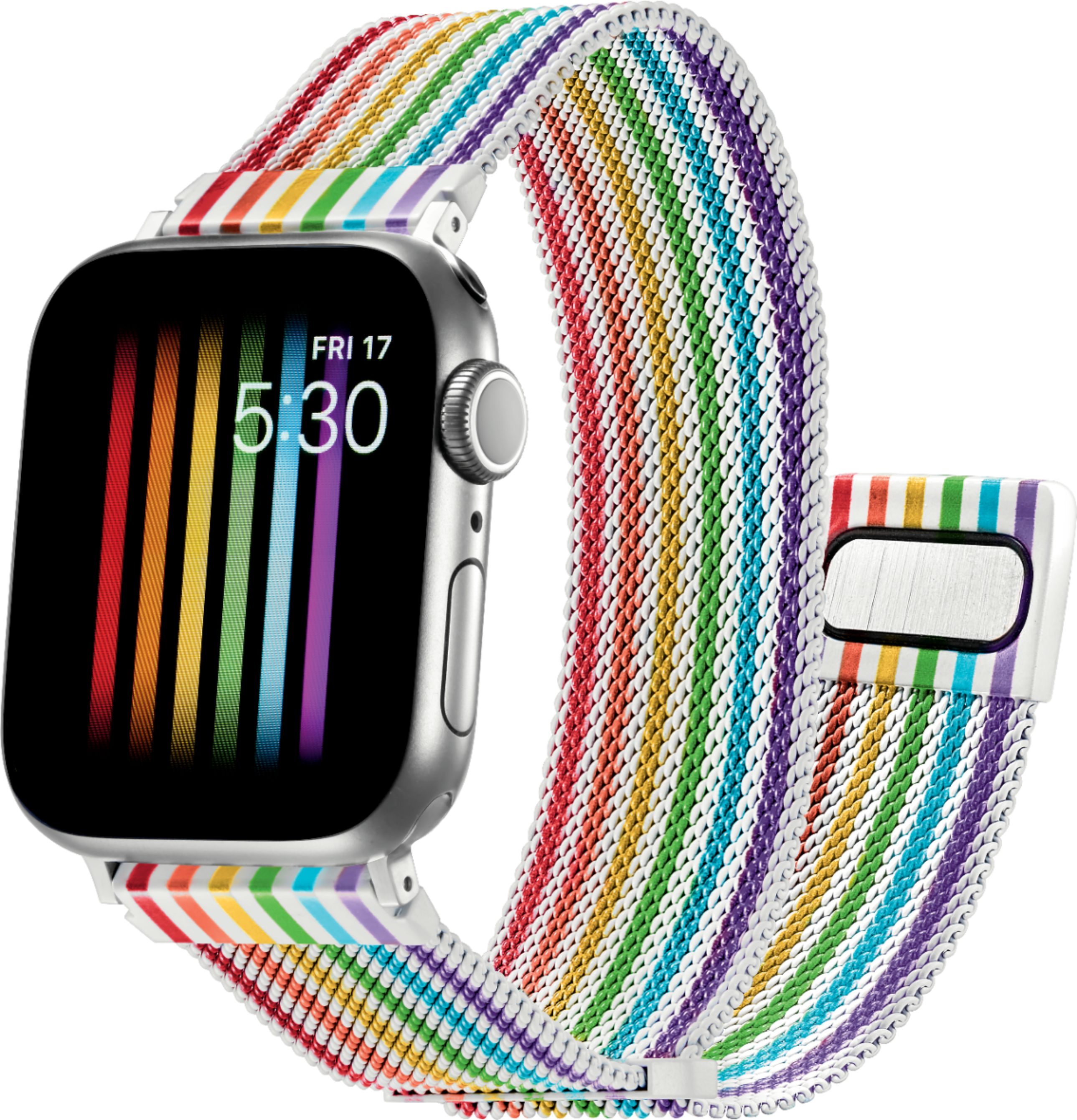 Angle View: Platinum™ - Magnetic Stainless Steel Mesh Band for Apple Watch 38mm, 40mm and Apple Watch Series 7 41mm - Pride Rainbow/White