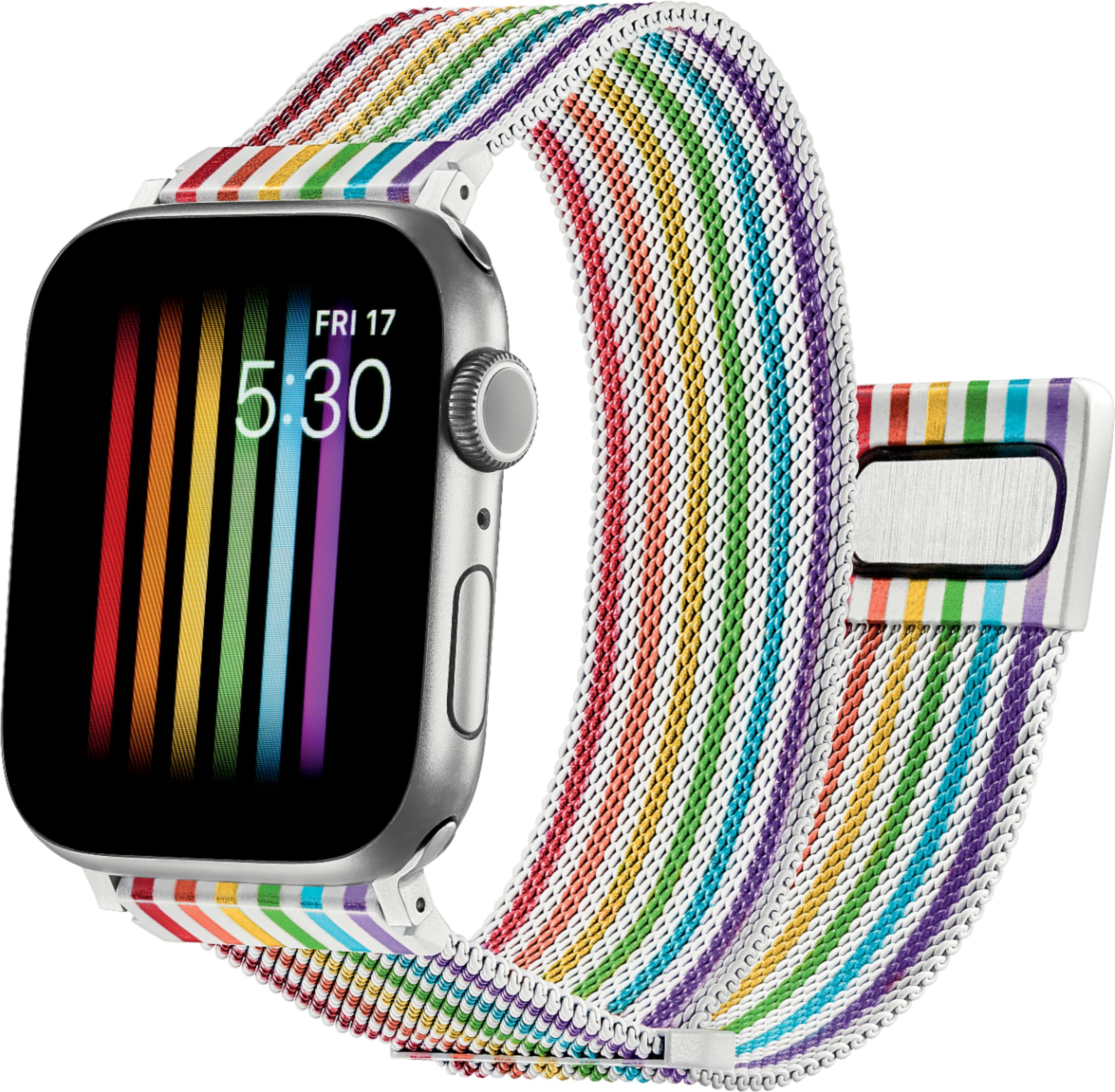 Angle View: Platinum™ - Magnetic Stainless Steel Mesh Band for Apple Watch 42mm, 44mm and Apple Watch Series 7 45mm - Pride Rainbow/White
