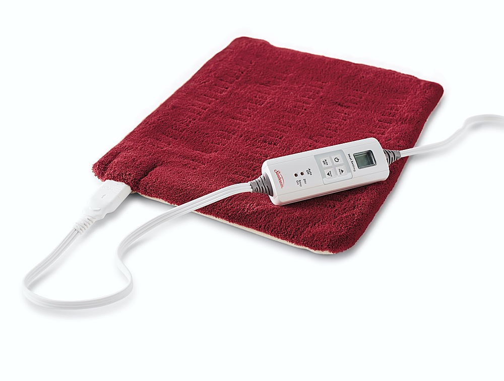 Left View: Sunbeam XpressHeat Heating Pad for Soothing Everyday Muscle Pain and Aches, Garnet Red, 12 x 15 inches