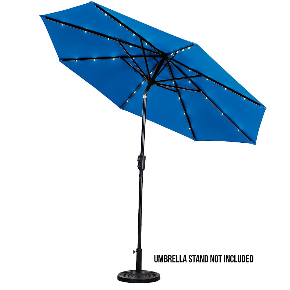 Left View: Sun Ray - 9' Round Solar Lighted Umbrella - Aluminum - 8Rib - OLEFIN FABRIC - Royal Blue