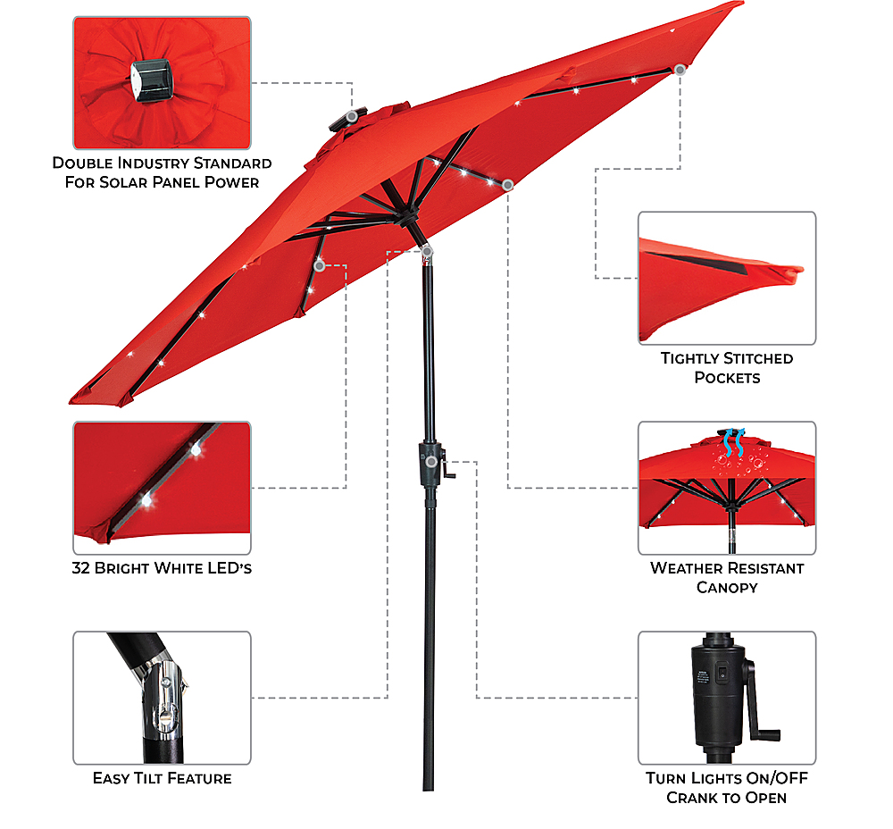 Angle View: Sun Ray - 9' Round Solar Lighted Umbrella - Aluminum - 8Rib - OLEFIN FABRIC - Ruby Red