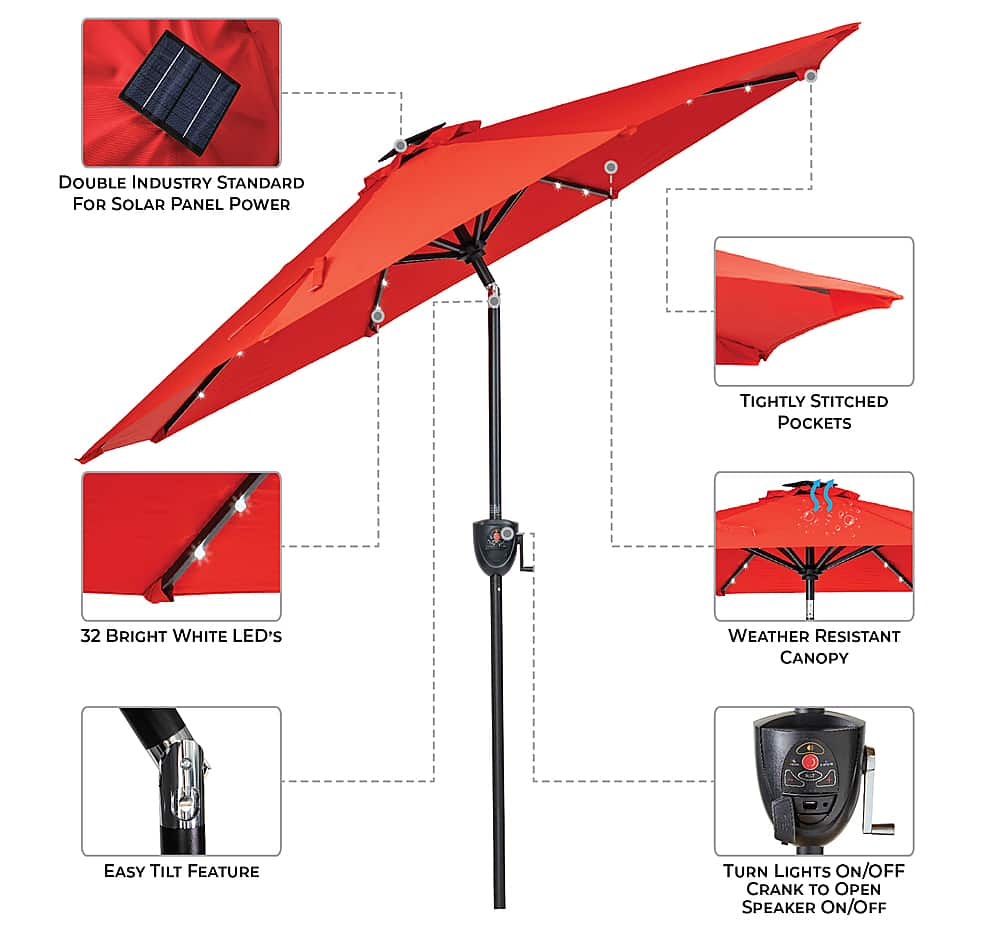 Left View: Sun Ray - 9' Round 8Rib Aluminum Bluetooth Solar Lighted Umbrella - Ruby Red