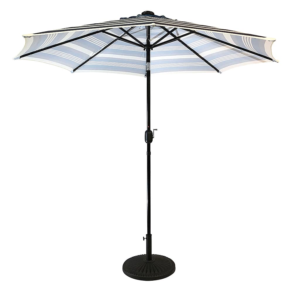 Left View: Sun Ray - 9' Round Solar Lighted Umbrella - Navy Striped