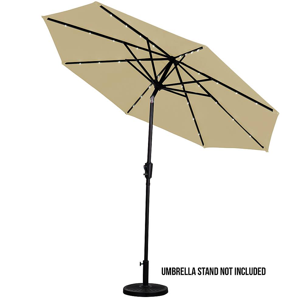 Left View: Sun Ray - 9' Round Solar Lighted Umbrella - Taupe