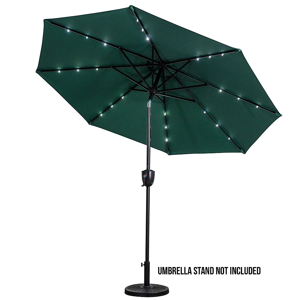 Left View: Sun Ray - 9' Round 8Rib Aluminum Bluetooth Solar Lighted Umbrella - Hunter Green