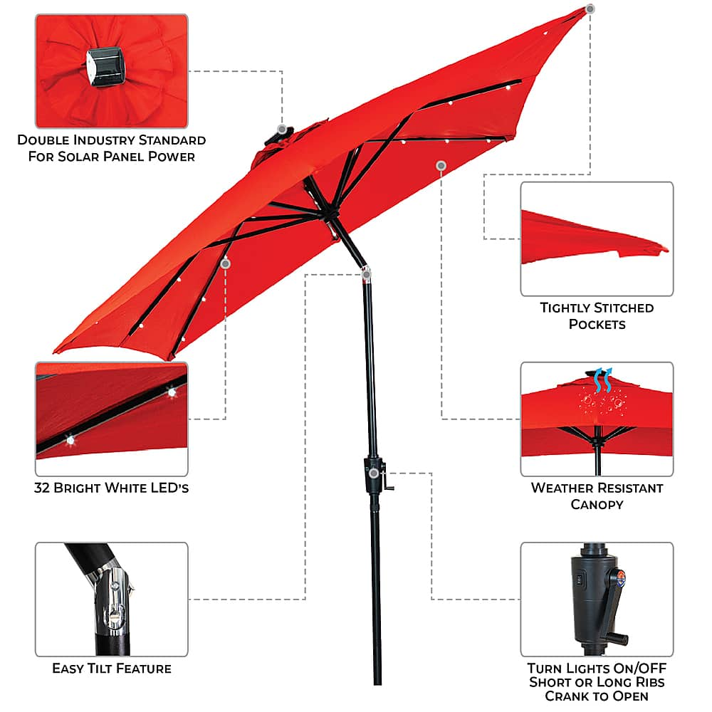 Left View: Sun Ray - 9'x7' Rectangular Solar Lighted Umbrella - Ruby Red