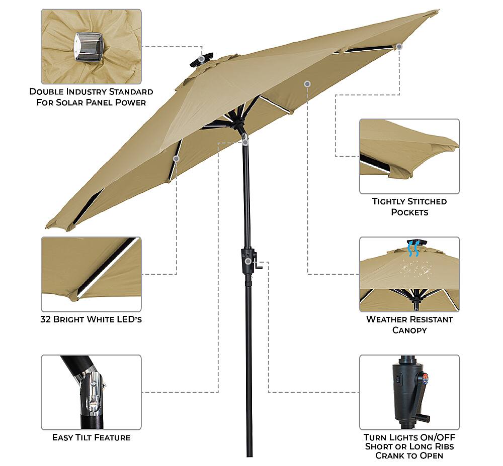 Best Buy Sun Ray 9' Round Next Gen Solar Lighted Umbrella Taupe 801029OLE