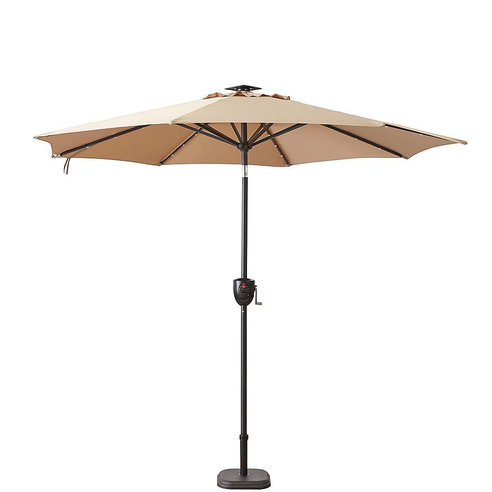 Left View: Sun Ray - 9' Round 8Rib Aluminum Bluetooth Solar Lighted Umbrella - Taupe