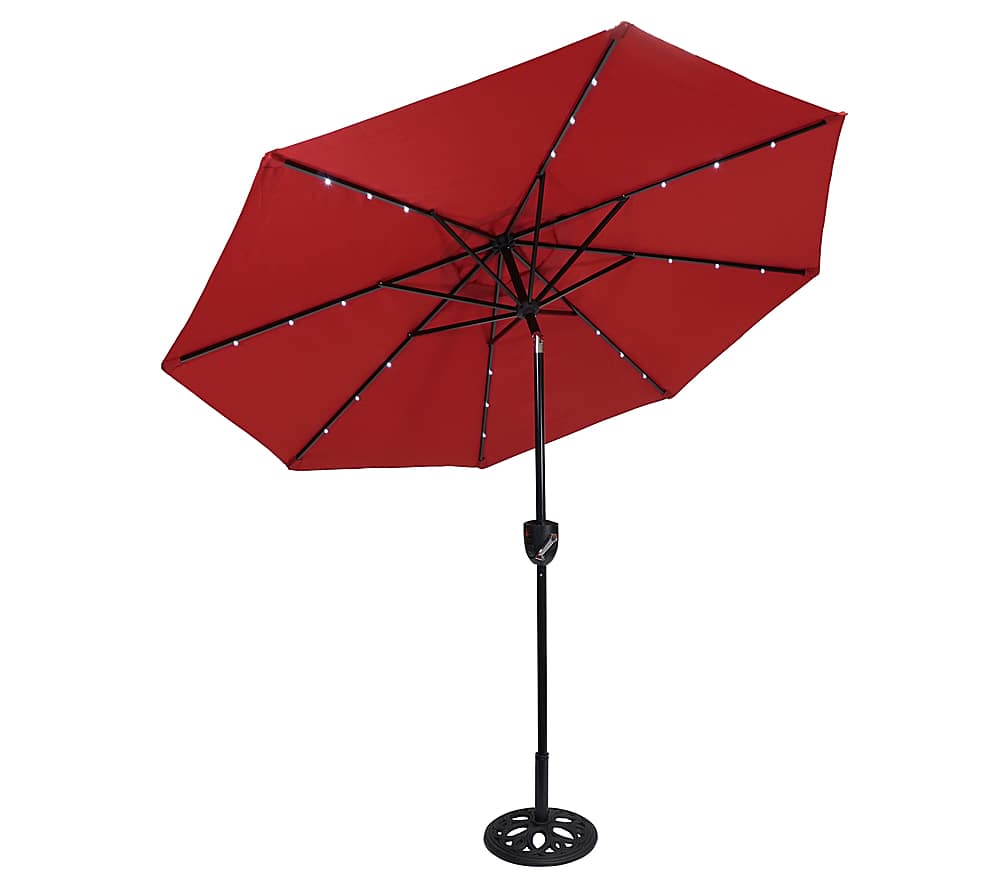 Left View: Sun Ray - 9' Round 8Rib Aluminum Bluetooth Solar Lighted Umbrella - Scarlet