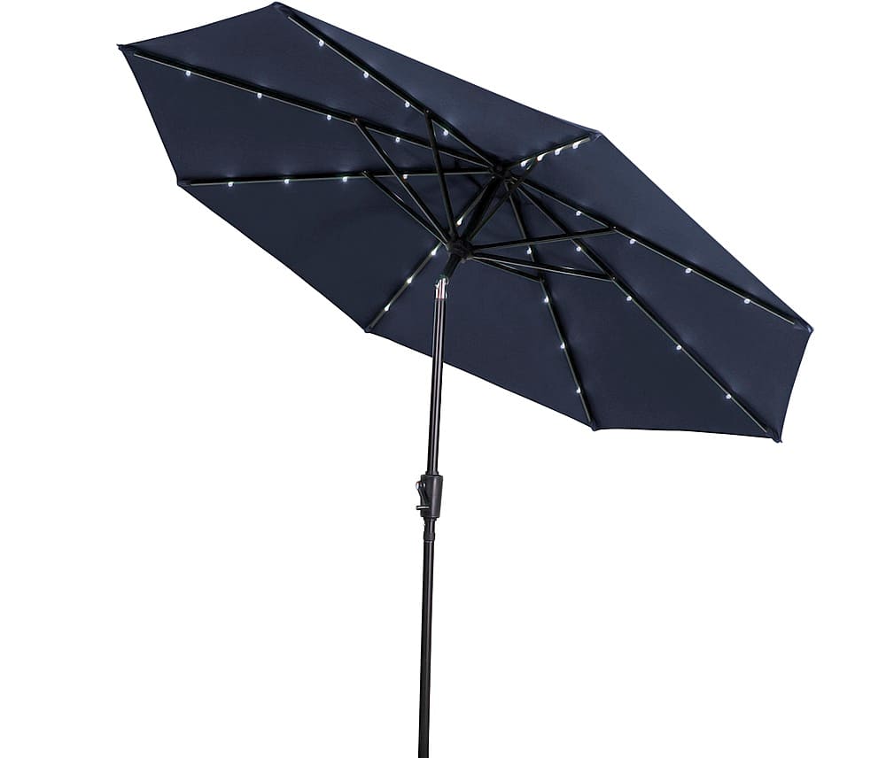 Left View: Sun Ray - 9' Round 8Rib Solar Lighted Umbrella - Navy