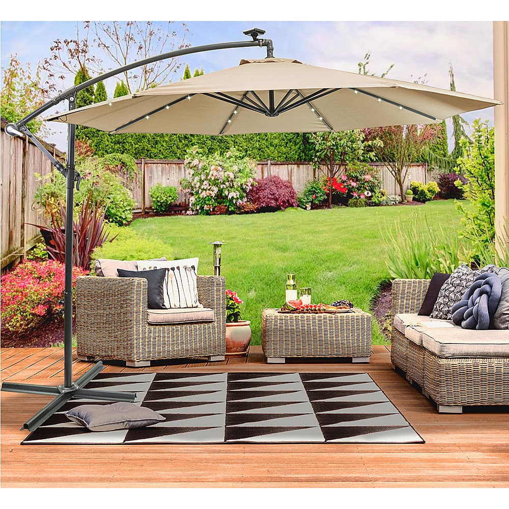 Alt View 14. Sun Ray - 10' Offset Aluminum Solar Umbrella - Taupe.