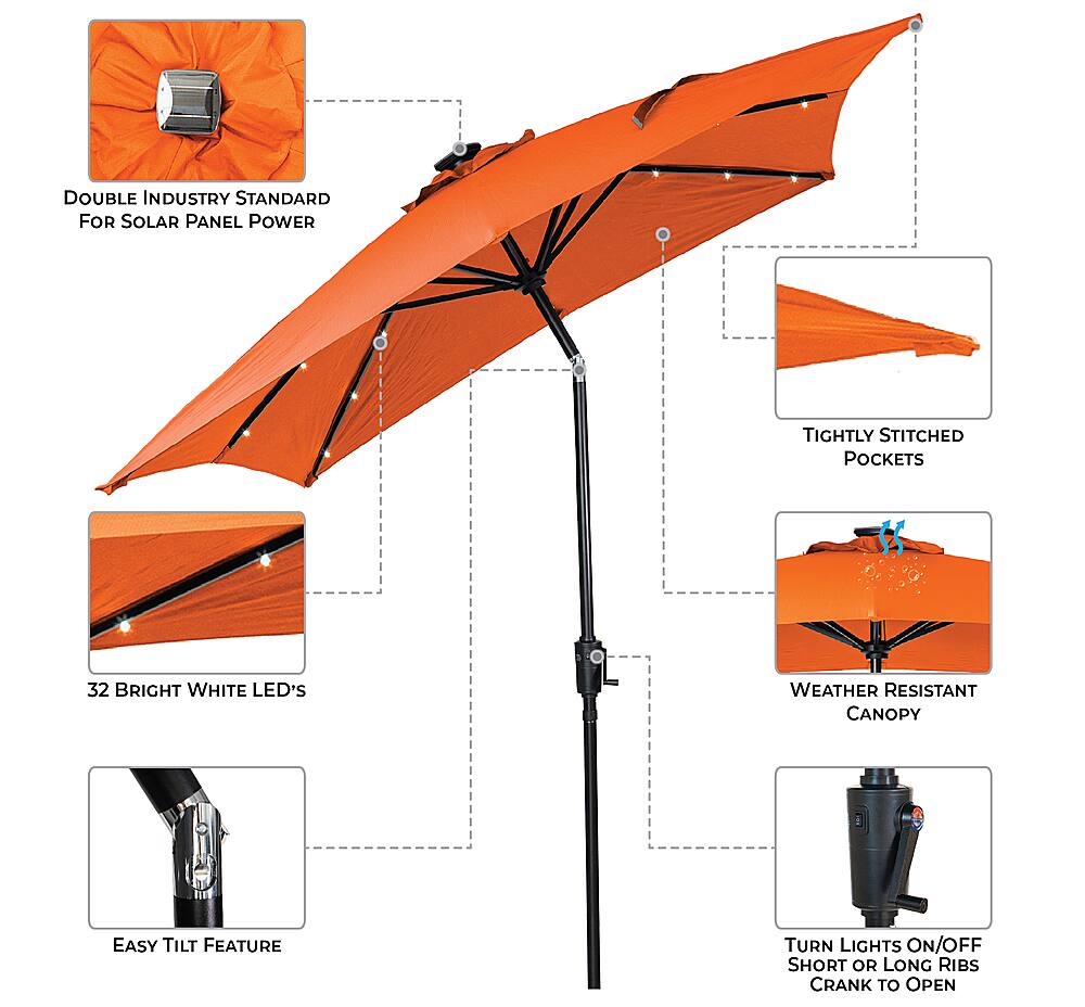 Angle View: Sun Ray - 9'x7' Rectangular Solar Lighted Umbrella - OLEFIN FABRIC - Orange