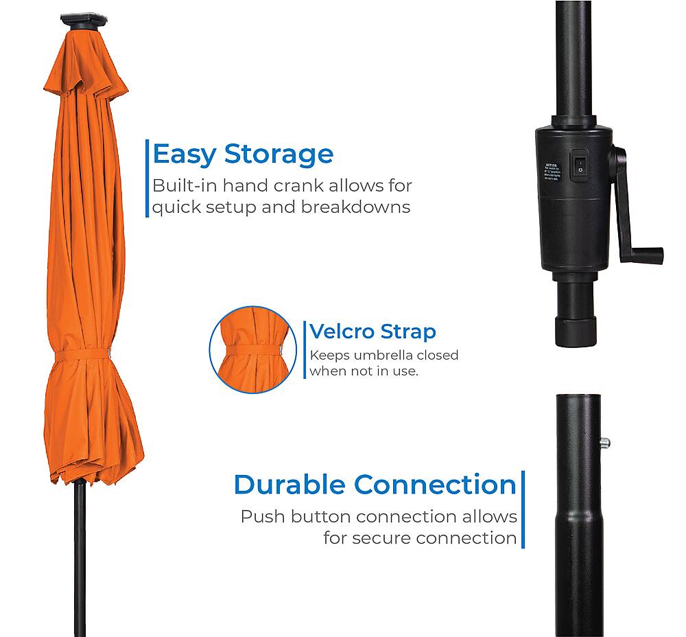 Left View: Sun Ray - 9'x7' Rectangular Solar Lighted Umbrella - OLEFIN FABRIC - Orange