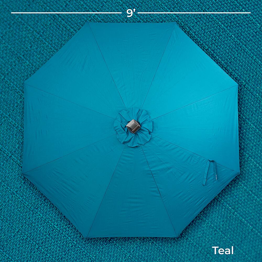 Left View: Sun Ray - 9' Round 8Rib Solar Lighted Umbrella - Teal