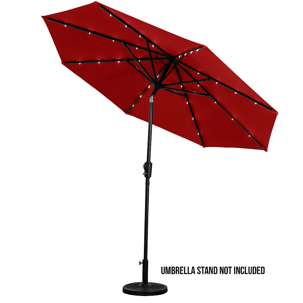 Left View: Sun Ray - 9' Round 8Rib Solar Lighted Umbrella - Ruby Red