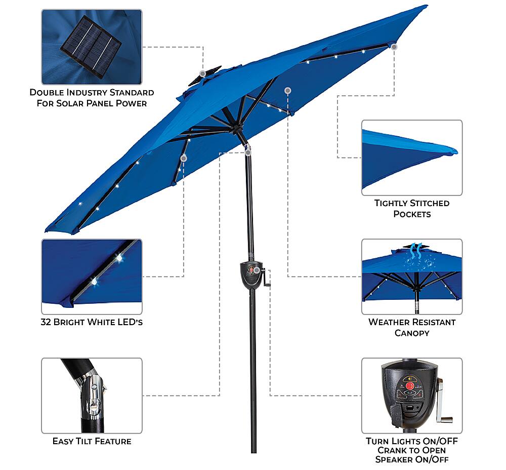 Angle View: Sun Ray - 9' Round 8Rib Aluminum Bluetooth Solar Lighted Umbrella - Royal Blue