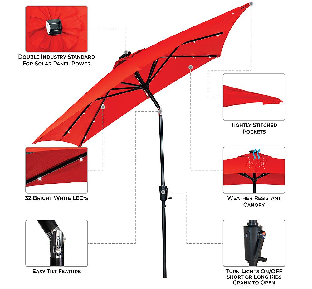 Left View: Sun Ray - 9'x7' Rectangular Solar Lighted Umbrella - OLEFIN FABRIC - Ruby Red