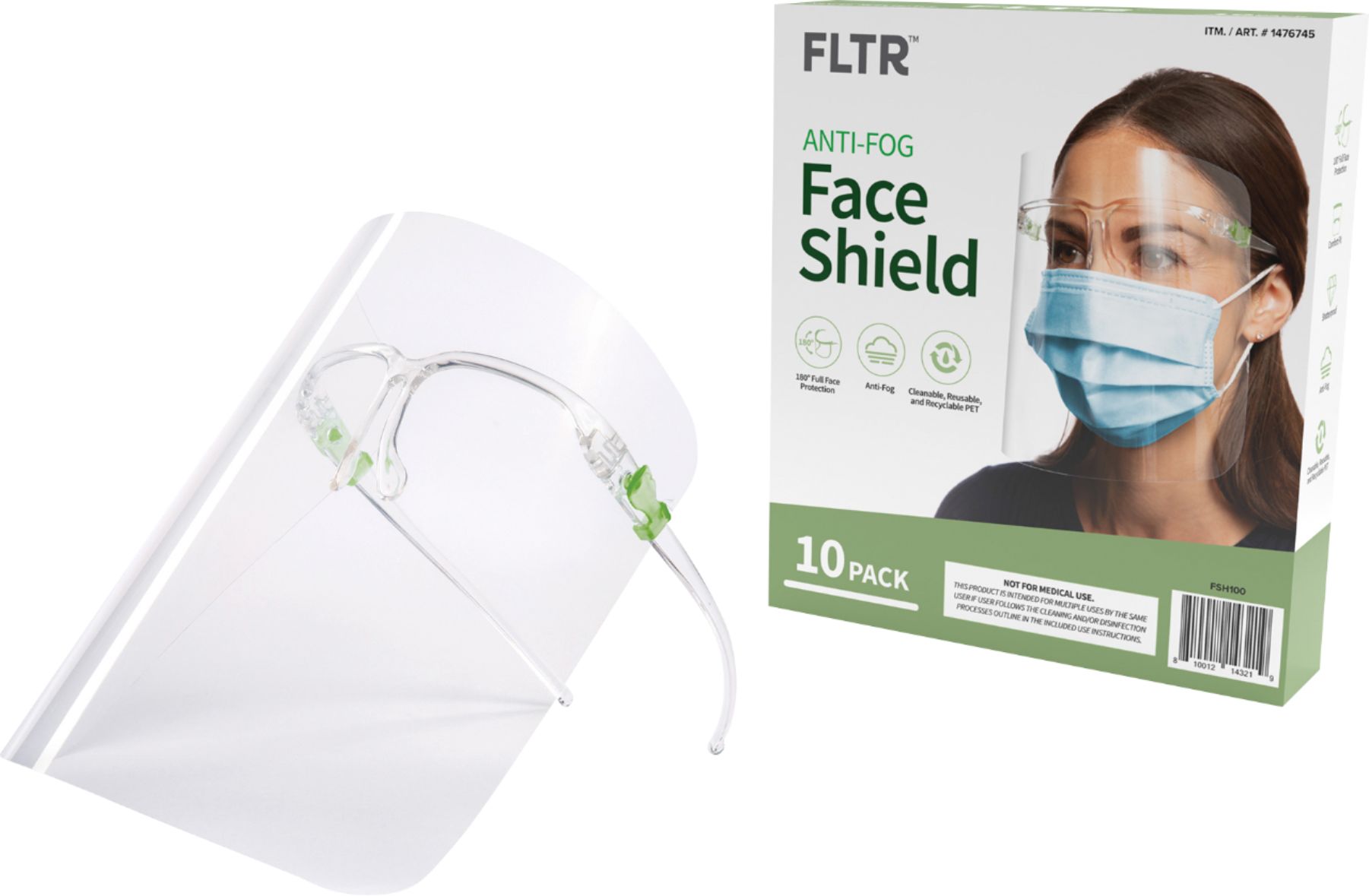 Shatterproof Reusable 100 Pack FLTR Anti-Fog Face Shield Clear 
