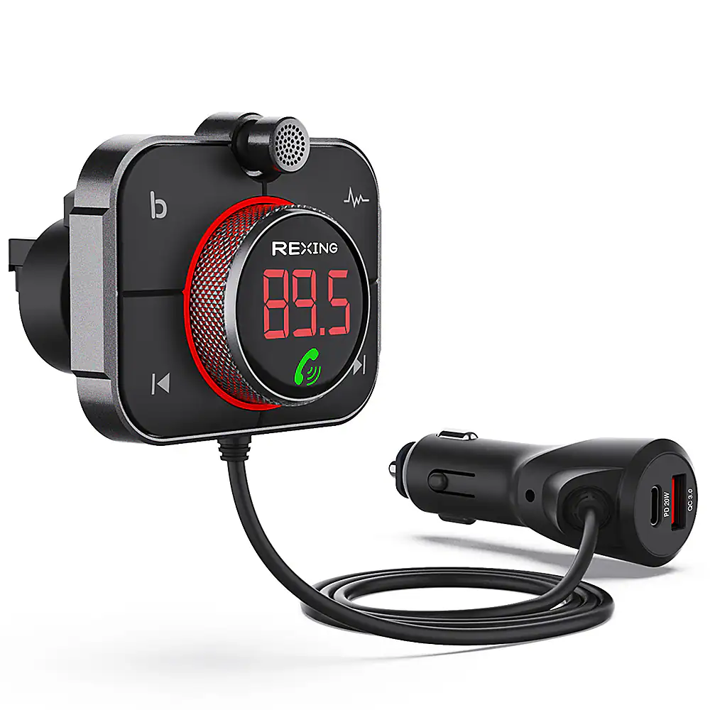 Angle. Rexing - FMT2 Bluetooth FM Transmitter Hands-Free Car Kit with QC3.0 and Smart 2.4A Dual USB Ports - Black.