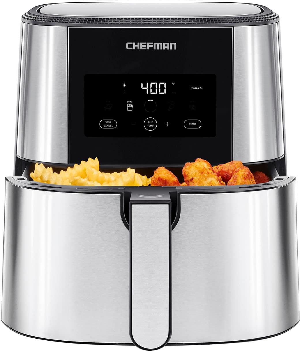 Left. Chefman - TurboFry Air Fryer, 8 Qt. Square Basket w/ Divider for Dual Cooking - Silver/Black.