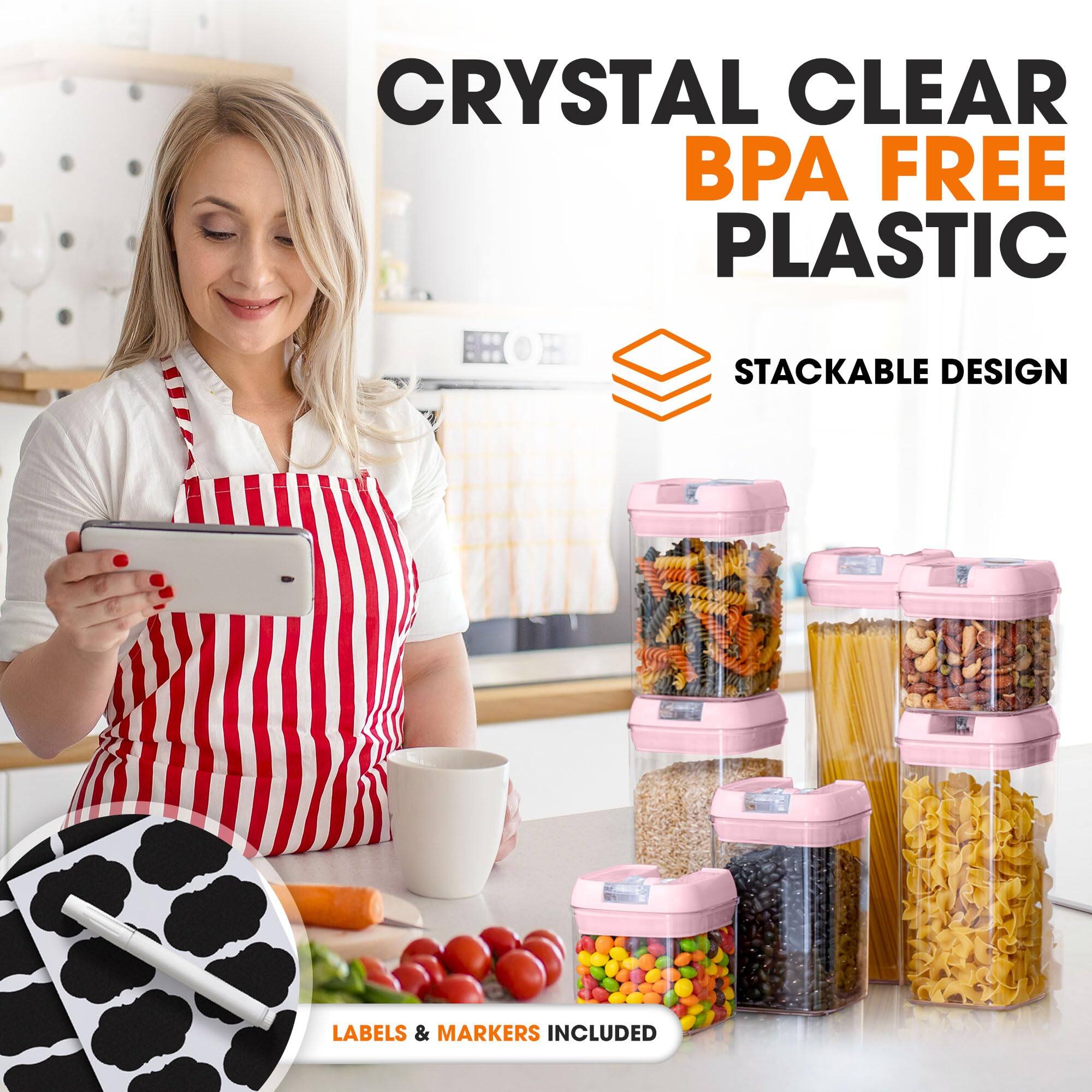 CRYSTAL CLEAR BPA FREE PLASTIC  
STACKABLE DESIGN  
LABELS & MARKERS INCLUDED