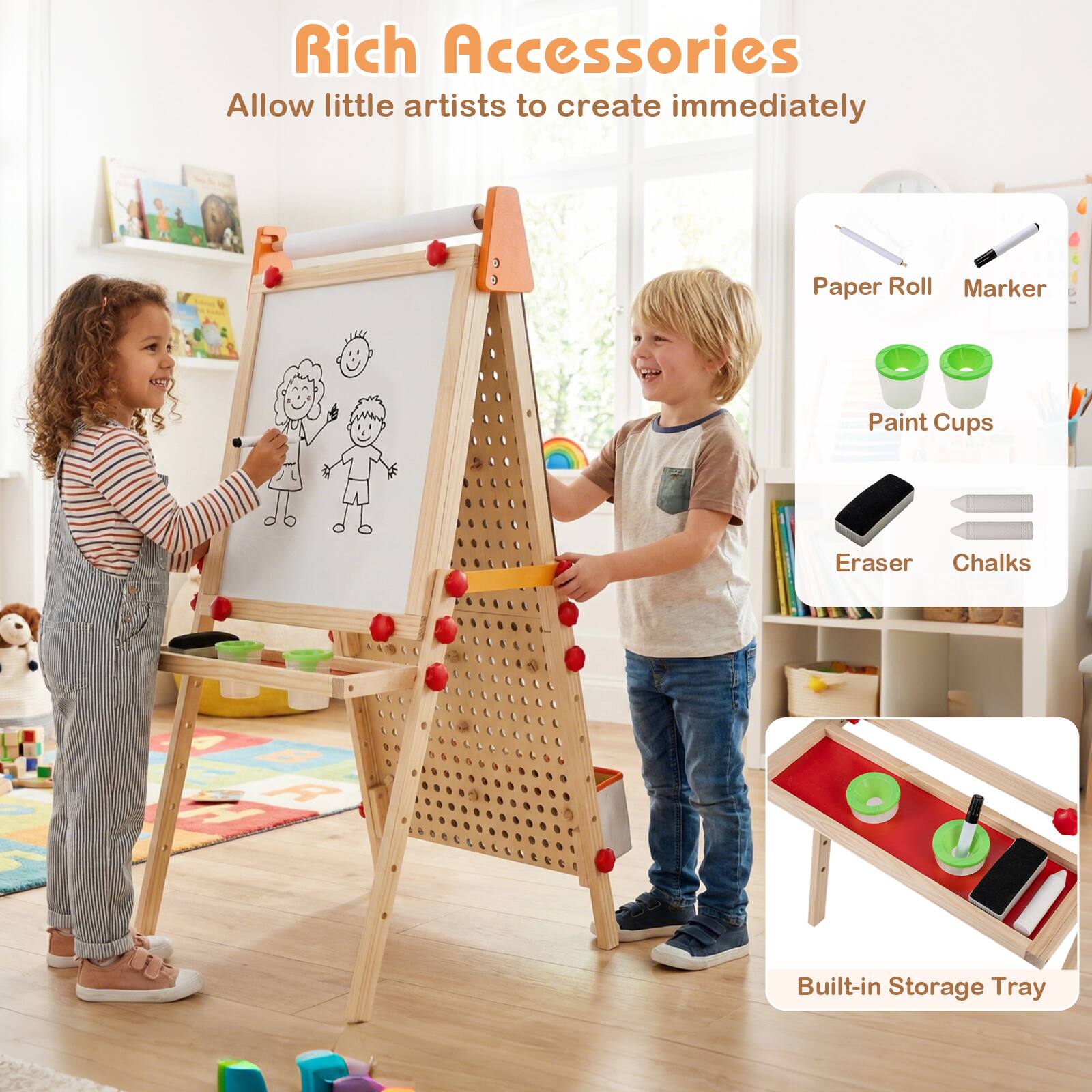 Rich Accessories  
Allow little artists to create immediately  

- Paper Roll  
- Marker  
- Paint Cups  
- Eraser  
- Chalks  
- Built-in Storage Tray
