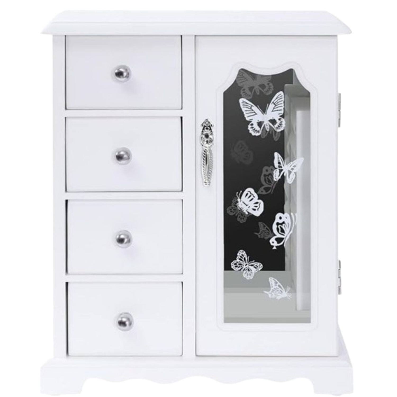 Front. Stock Preferred - White Wooden Jewelry Box with Mirror - White.