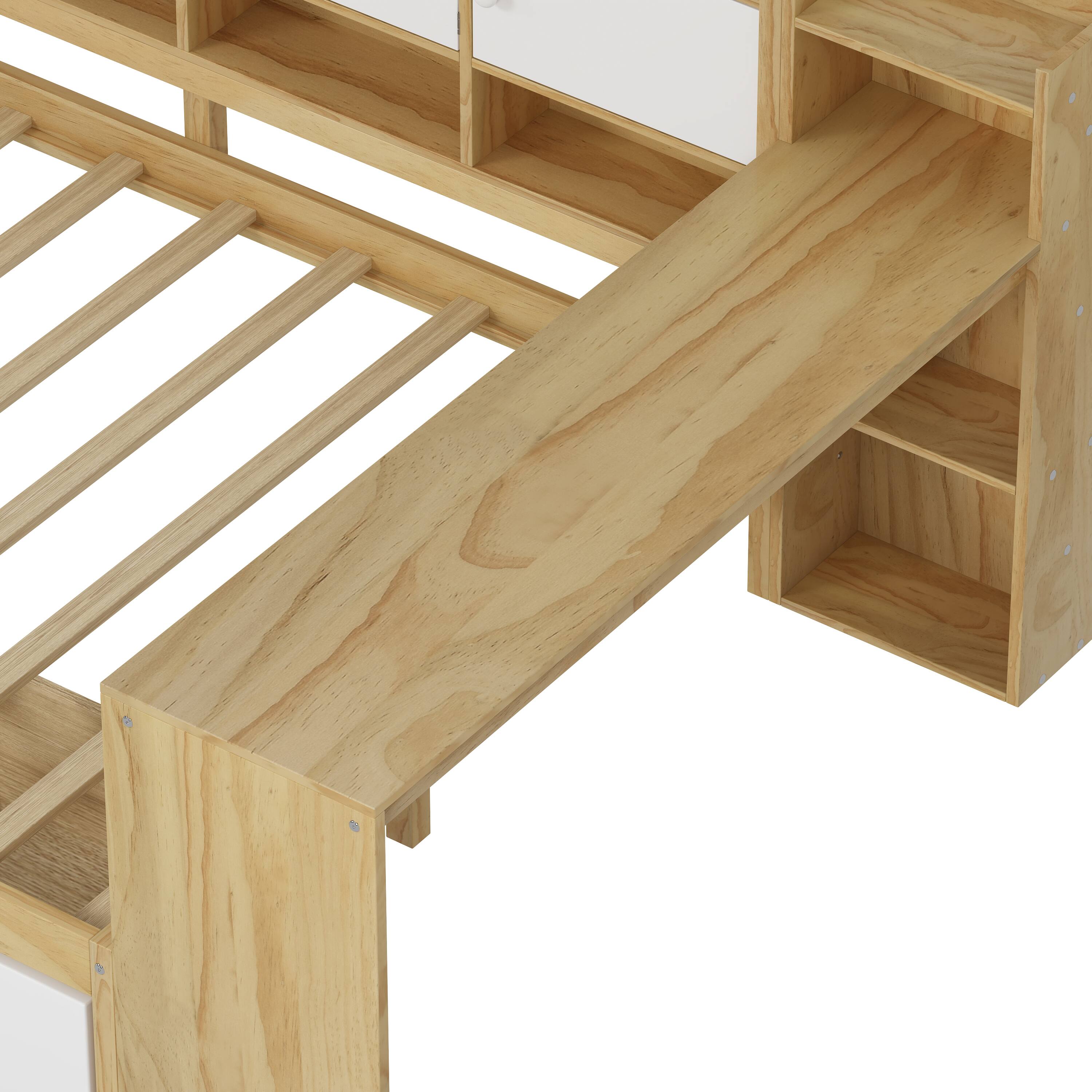 Alt View 9. Tiramisubest - Wooden L-Shape Daybed with Storage Cabinets and Drawers, Multi-functional Bed with Study Desk and Built-in Bookshelf - Natural+White.