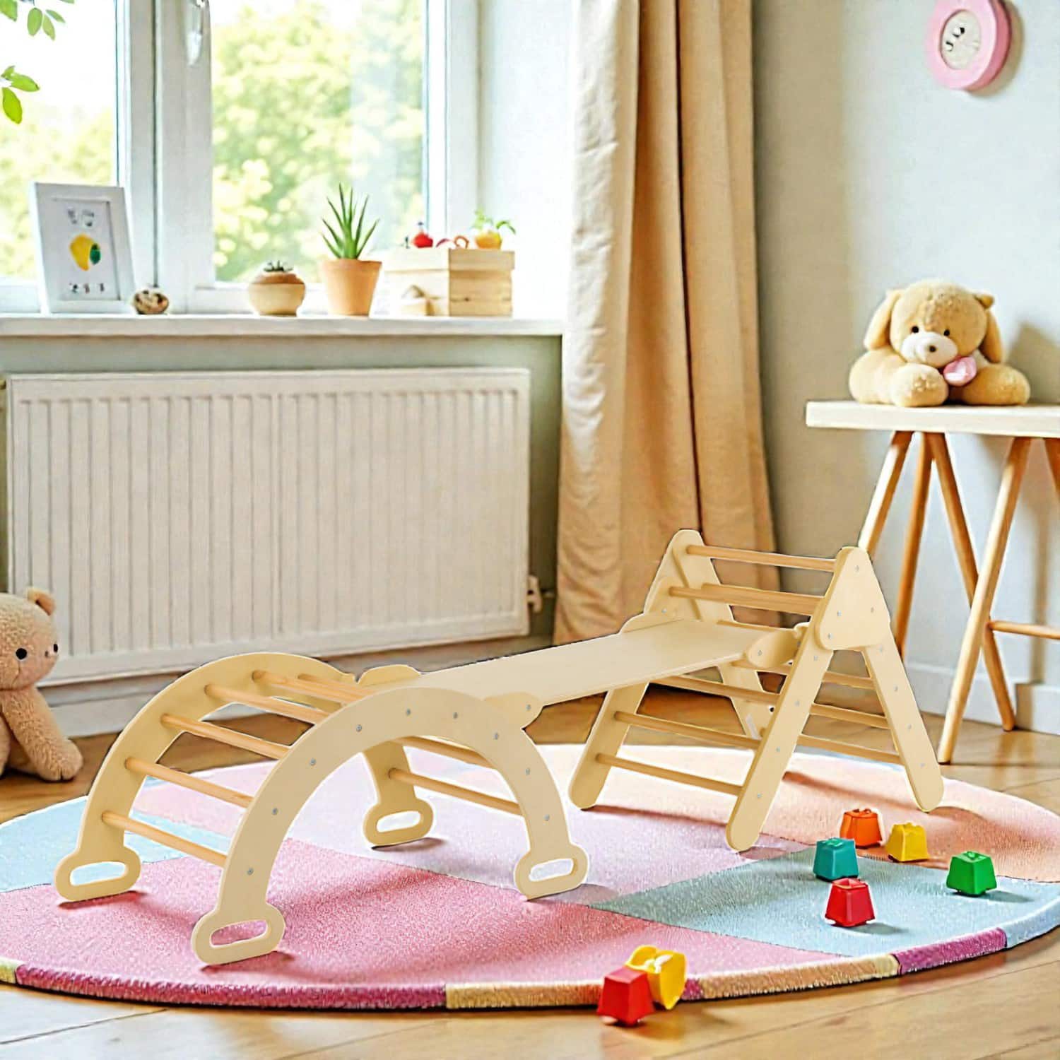 BreeBe - Multi-Piece Wooden Climber Kit for Kids featuring Arch, Ramp & Triangle - Natural
