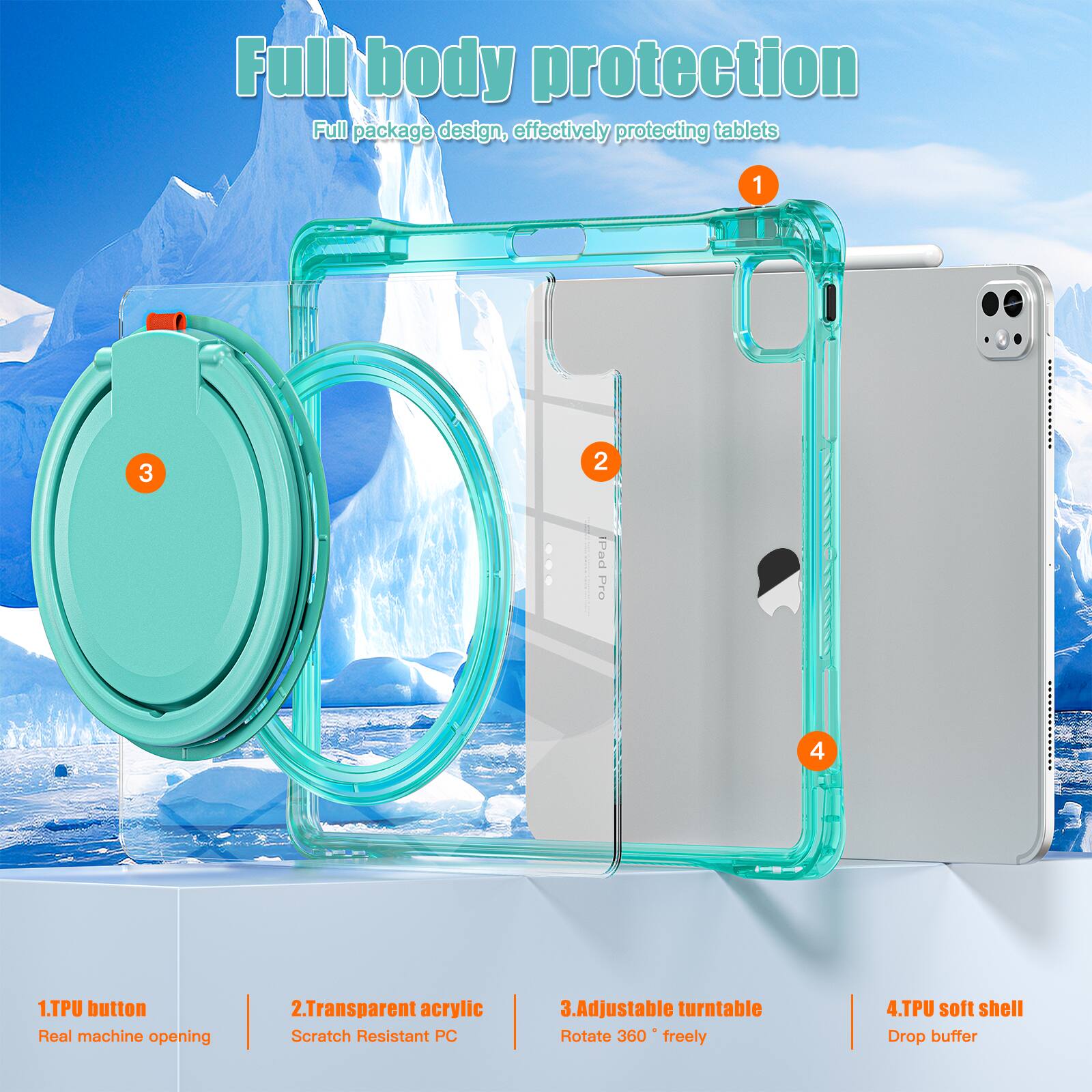 Full body protection  
Full package design, effectively protecting tablets  

1. TPU button  
Real machine opening  

2. Transparent acrylic  
Scratch Resistant PC  

3. Adjustable turntable  
Rotate 360° freely  

4. TPU soft shell  
Drop buffer