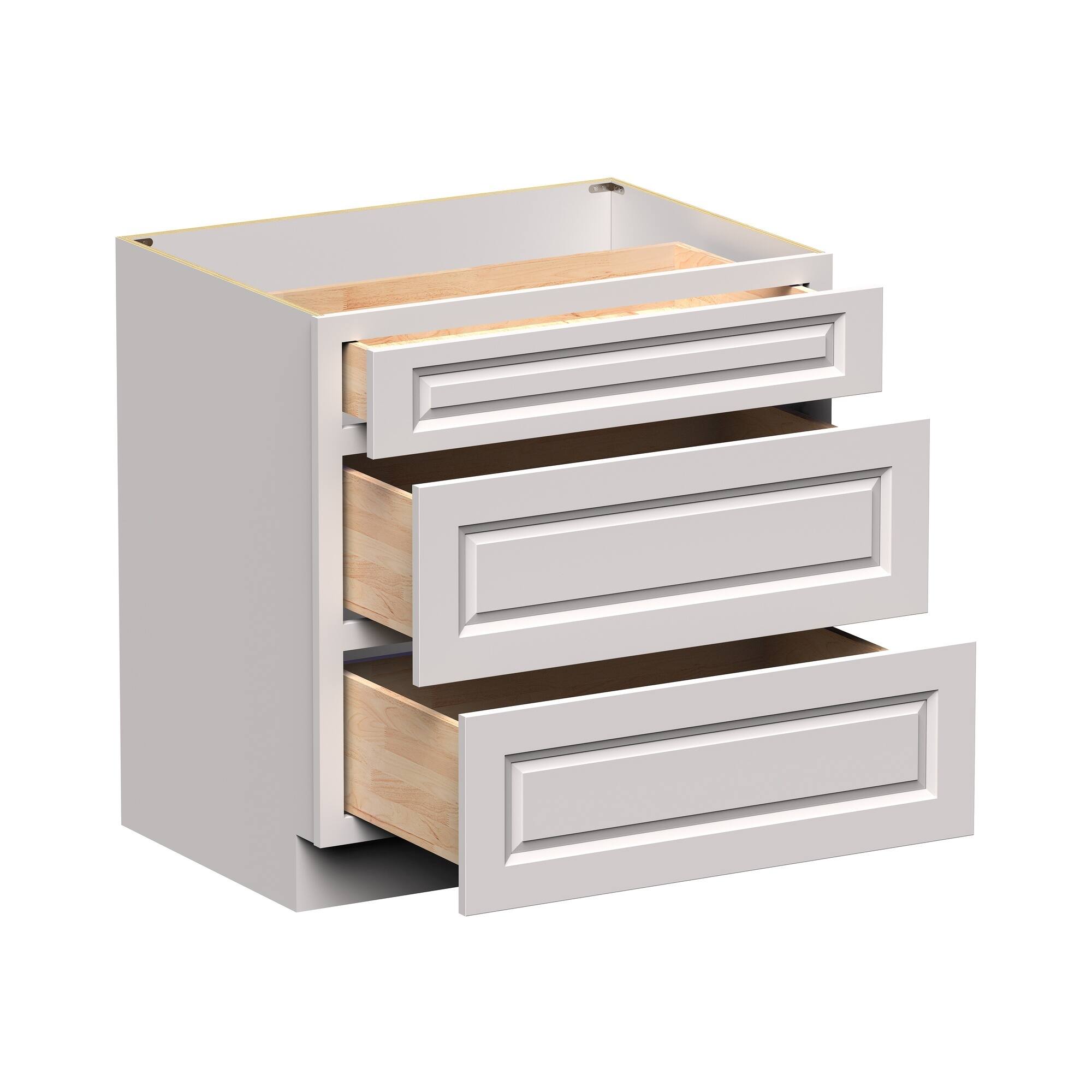 Front. Boyel Living - 33-in W x 34.5-in H x 24-in D Shaker 3-Drawer Kitchen Base Cabinet with Soft-Close Slides - Glacier White.