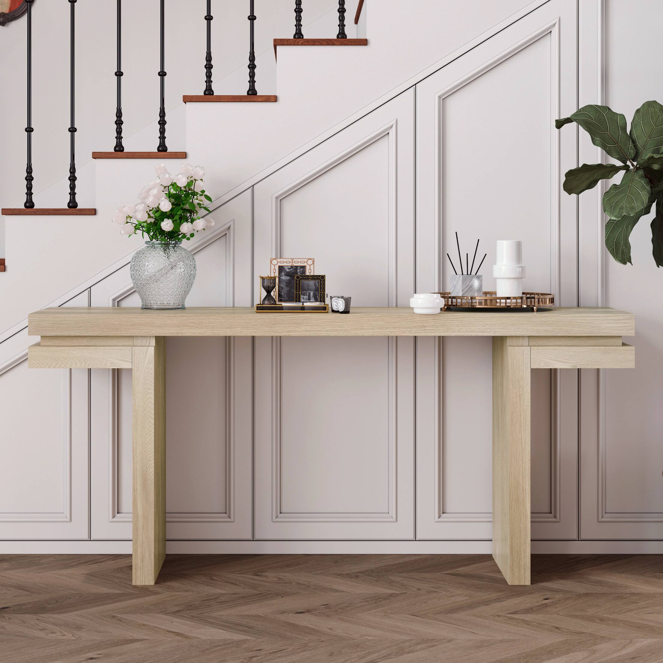 Angle. Loheer - Loheer Console Table, 66 Inch Extra Wide Oak Console Table with Real Wood Veneer, Sofa Table - Oak.