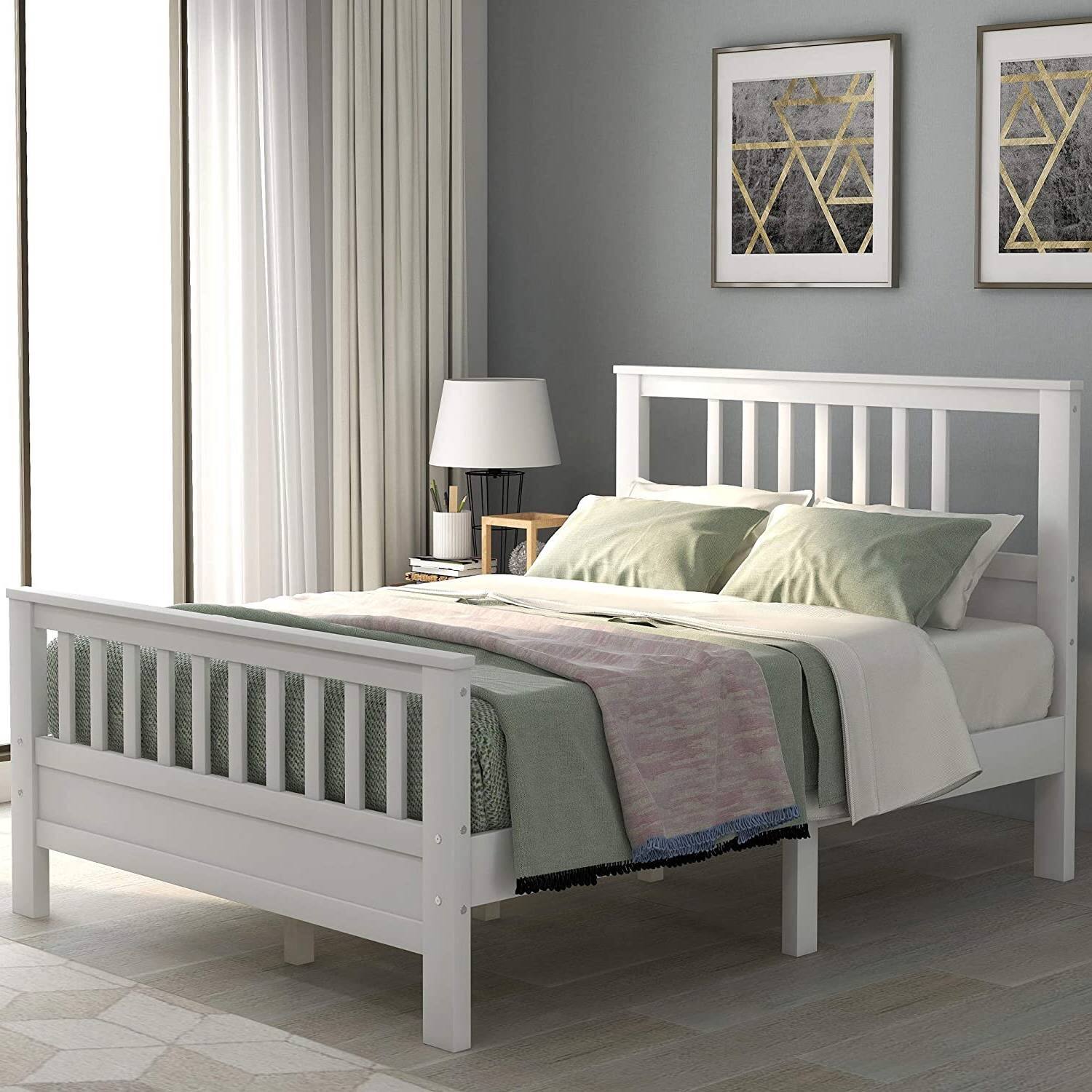 Left. Hivvago - Hivvago Pine Wood Slatted Platform Headboard Footboard Full Size Bed - White.