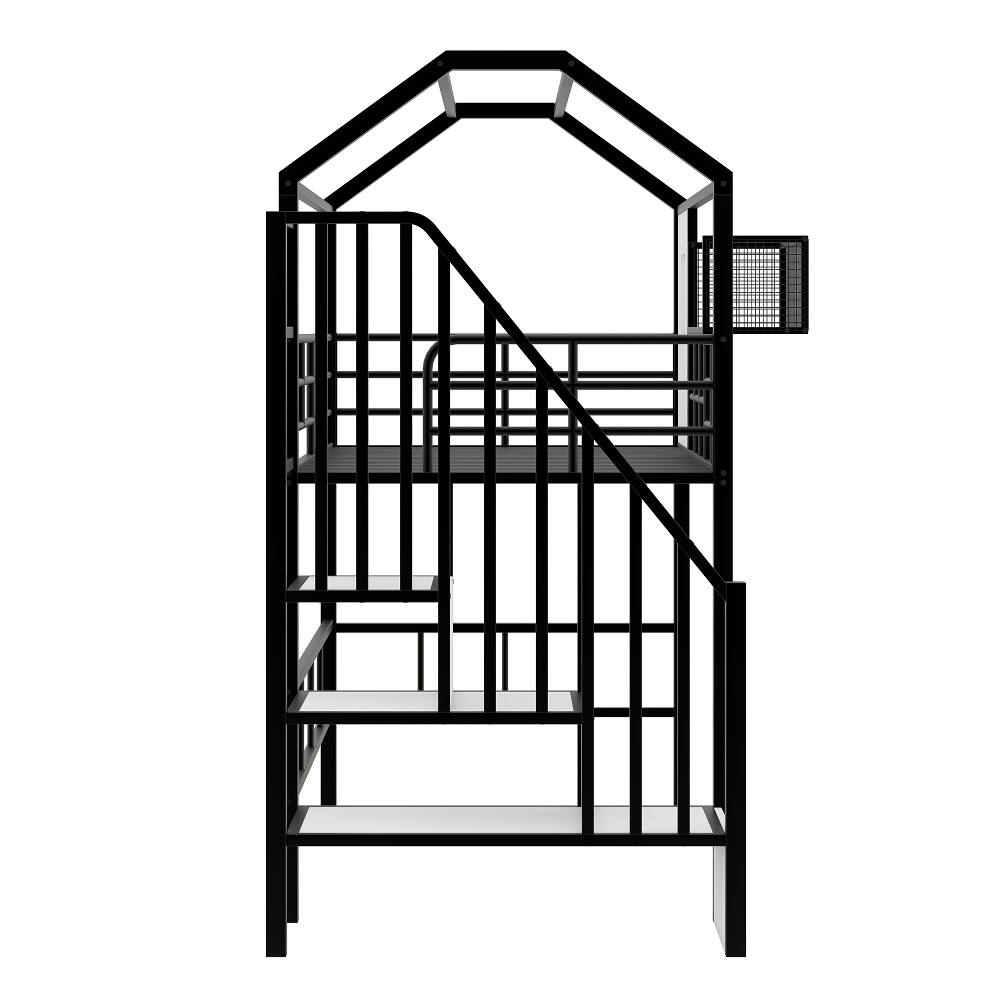 Alt View 7. Loheer - Loheer Metal Loft Bed with Roof Design Twin Size Black House Loft Bed with Storage Box and Integrated Ladder - Black.