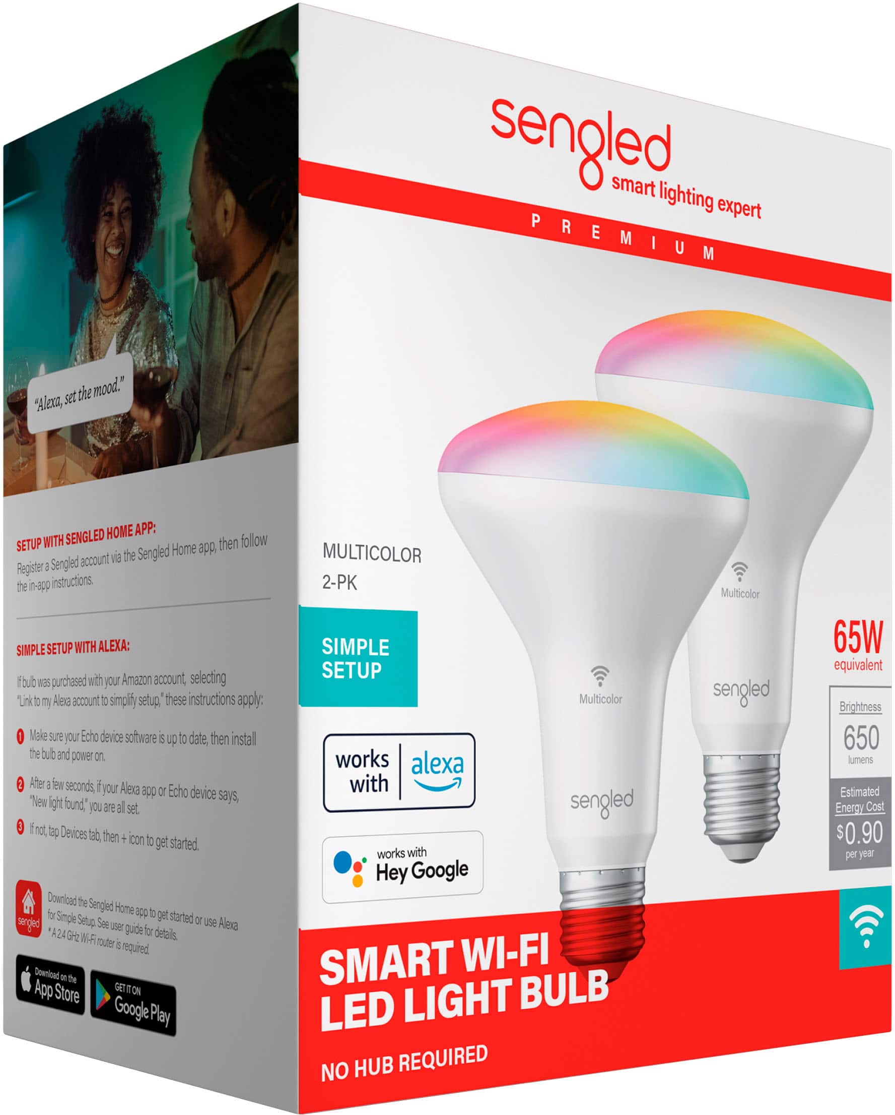 Angle. Sengled - Smart BR30 LED Bulbs Wi-Fi Works with Amazon Alexa & Google Assistant (2-Pack) - Multicolor.