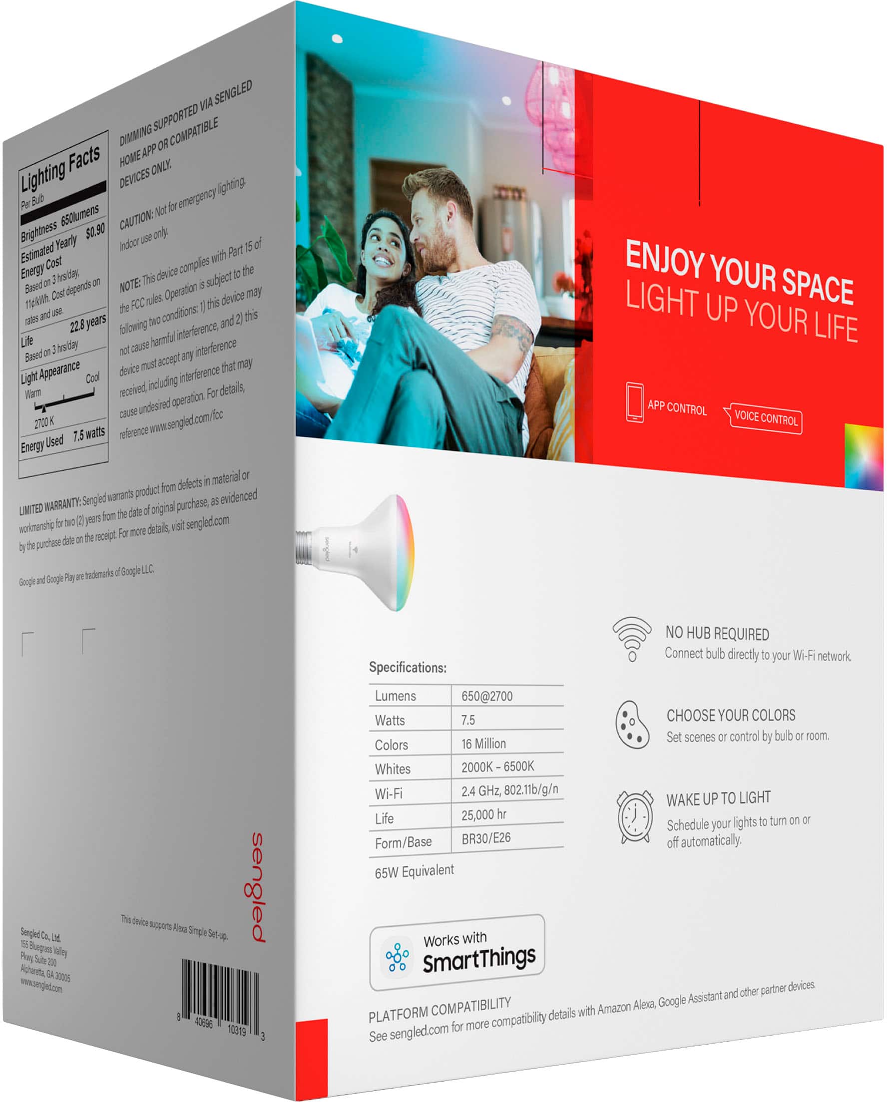 Left. Sengled - Smart BR30 LED Bulbs Wi-Fi Works with Amazon Alexa & Google Assistant (2-Pack) - Multicolor.