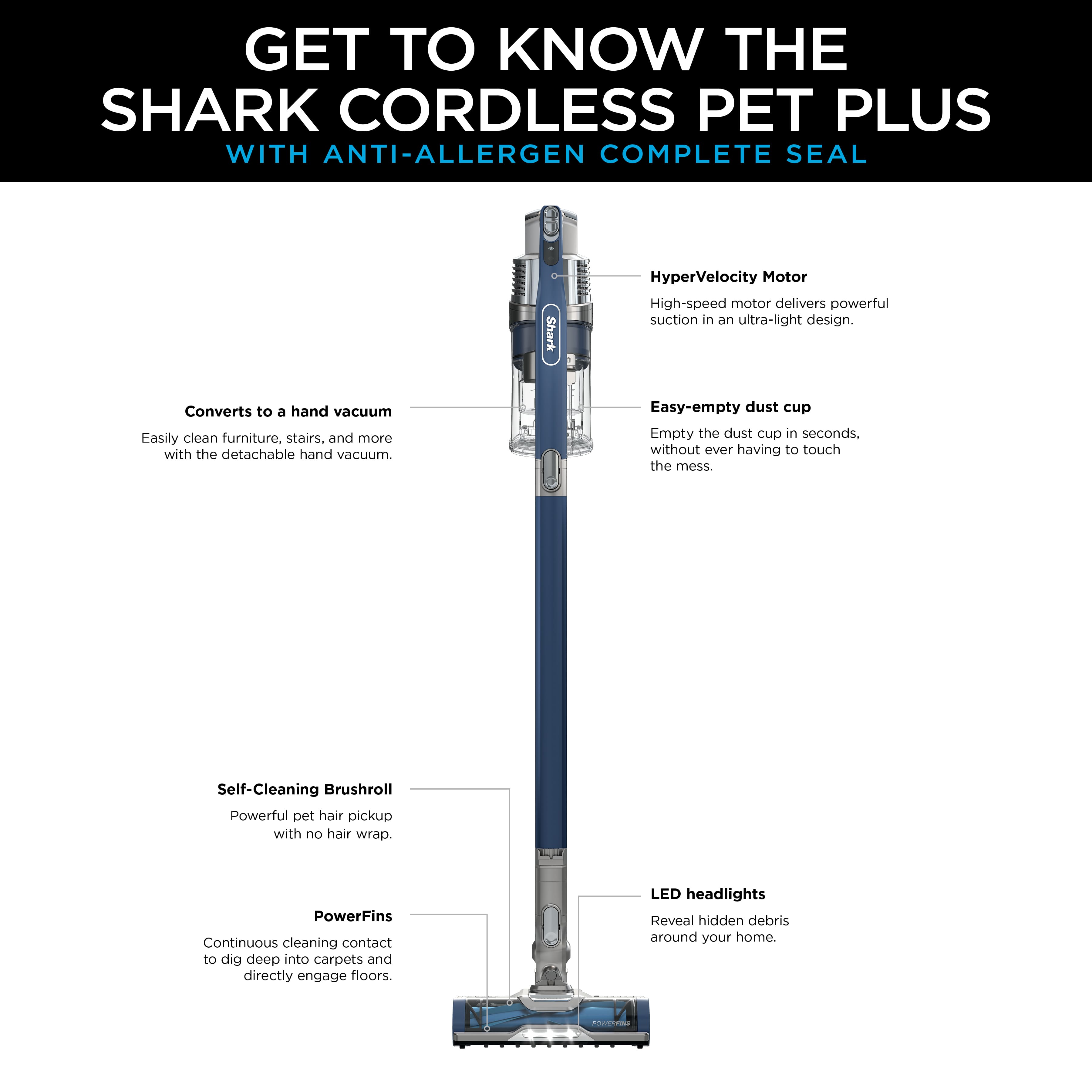 GET TO KNOW THE SHARK CORDLESS PET PLUS WITH ANTI-ALLERGEN COMPLETE SEAL
Shark HyperVelocity Motor High-speed motor delivers powerful suction in an ultra-light design.
Converts to a hand vacuum Easily clean furniture, stairs, and more with the detachable hand vacuum.
Easy-empty dust cup Empty the dust cup in seconds without ever having to touch the mess.
Self-Cleaning Brushroll Powerful pet hair pickup with no hair wrap.
PowerFins Continuous cleaning contact to dig deep into carpets and directly engage floors.
LED headlights Reveal hidden debris around your home.
