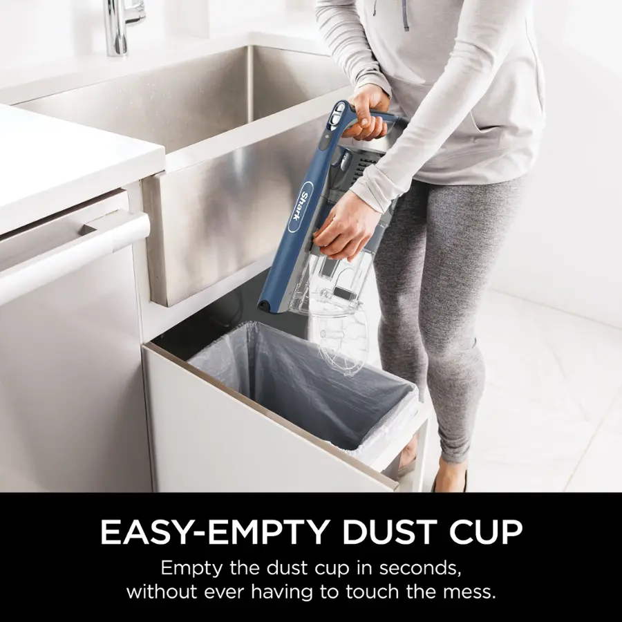 Shark Easy-Empty Dust Cup: Empty the dust cup in seconds, without ever having to touch the mess.