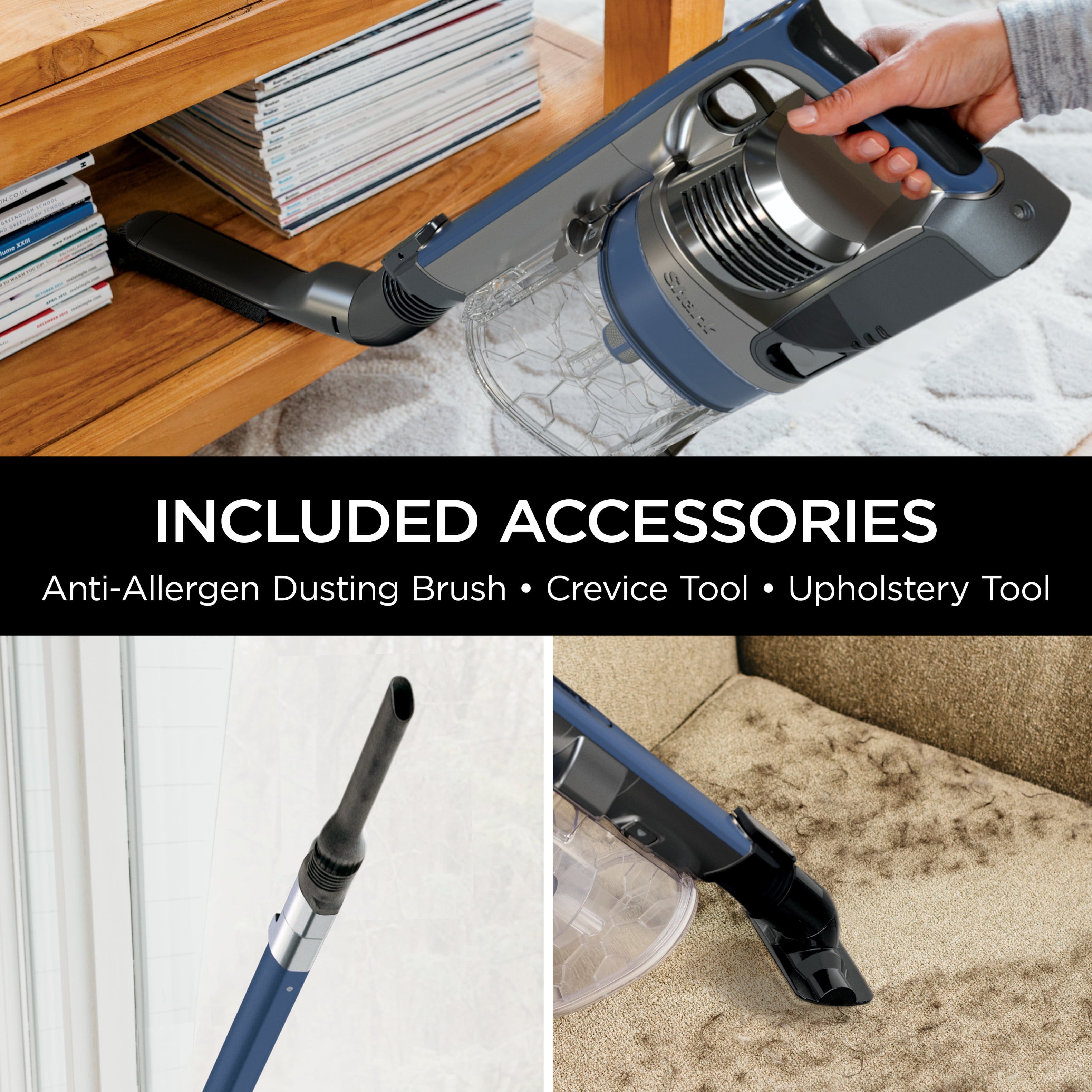 The text on the image reads: "Included Accessories Anti-Allergen Dusting Brush Crevice Tool Upholstery Tool."