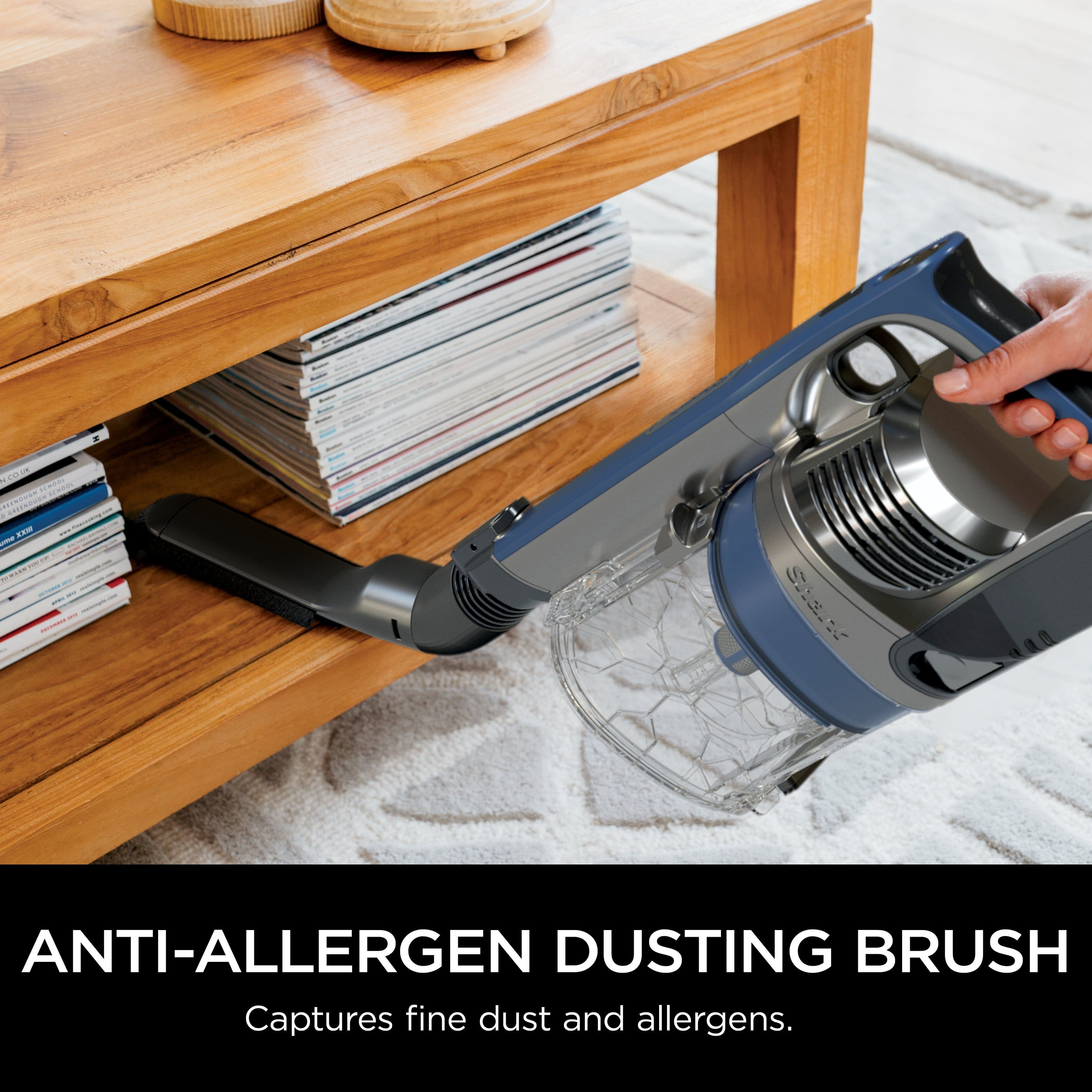 Anti-Allergen Dusting Brush captures fine dust and allergens.