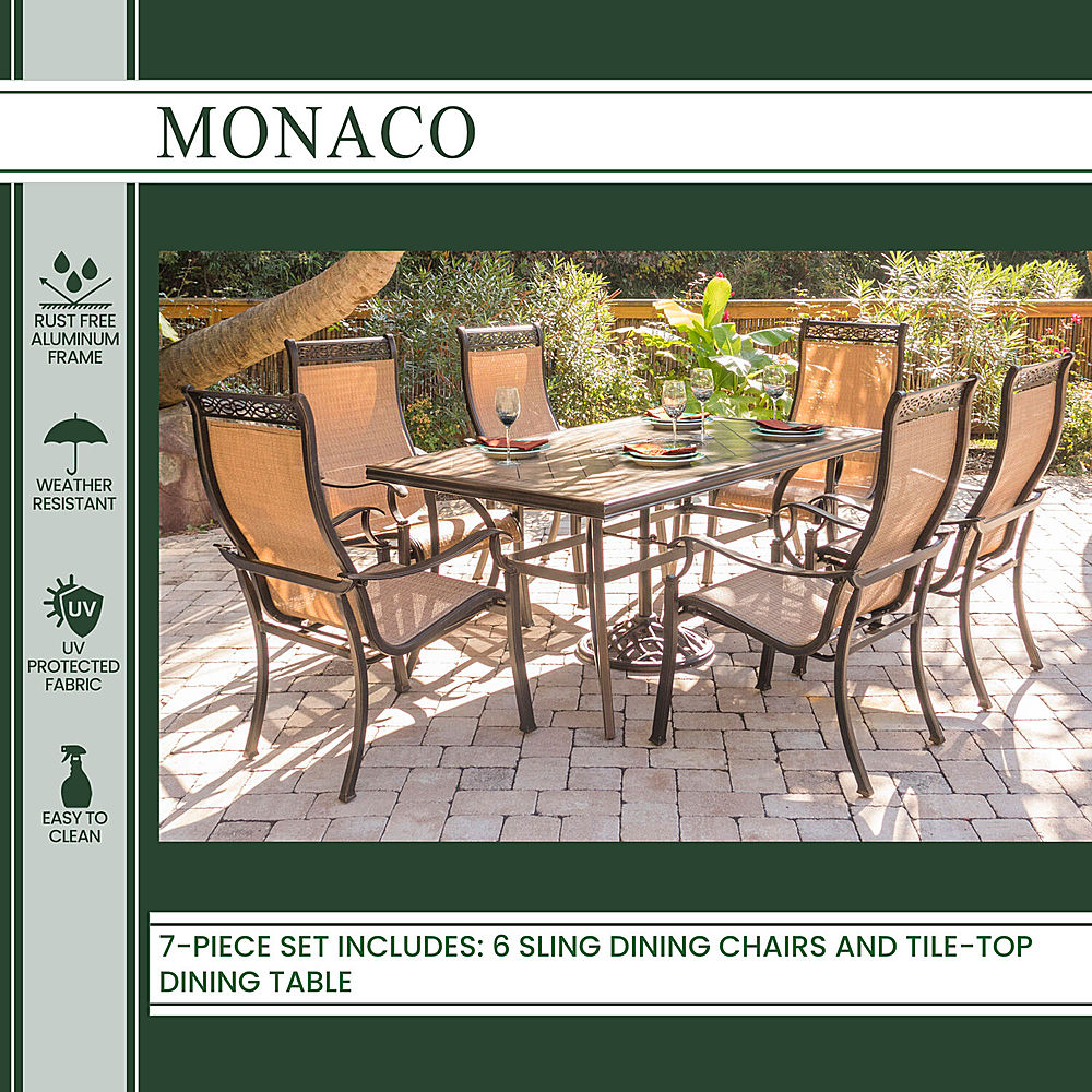 Hanover Monaco 7 Piece Patio Dining Set With 6 Pvc Sling Chairs And Porcelain Tile Rectangular Table Tan Bronze Mondn7pc Best - How To Clean Patio Furniture Slings