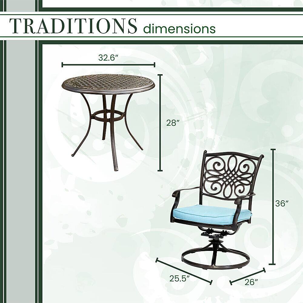 Left View: Hanover - Traditions 3-Piece Bistro Set with 32 in. Cast-Top Table - Aluminum/Blue