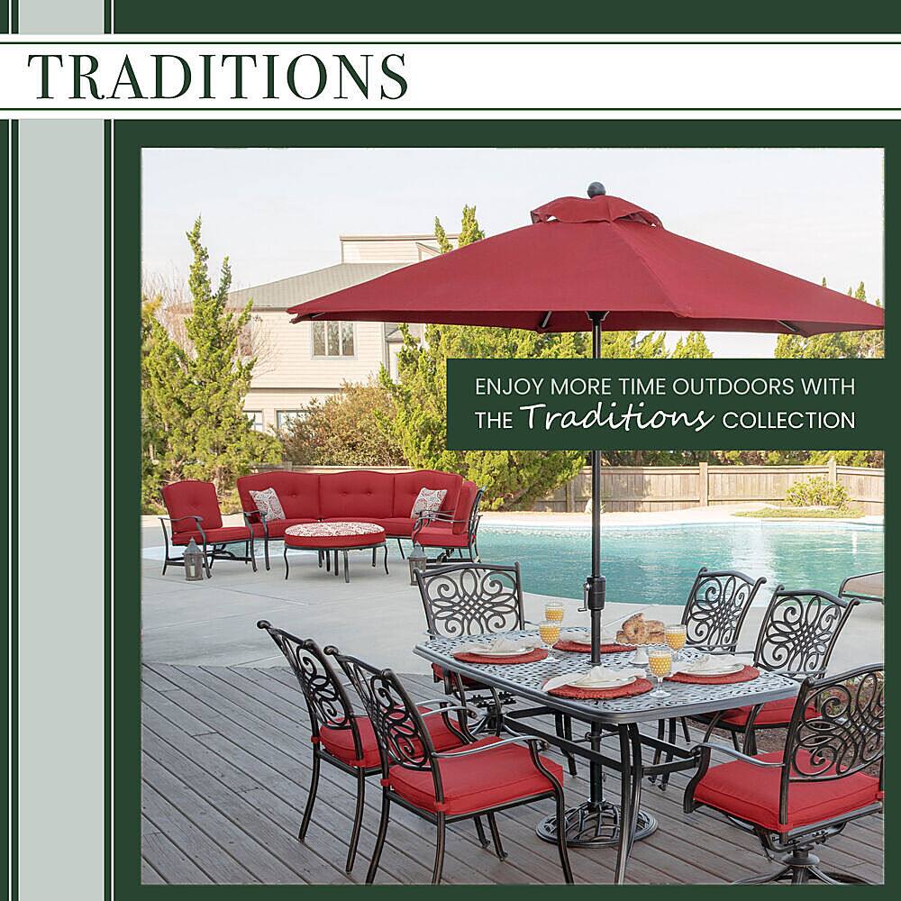 Left View: Hanover Traditions 9-Piece Rust-Free Aluminum Outdoor Patio Dining Set with Blue Cushions, 8 Dining Chairs and Aluminum Rectangular Dining Table, TRADDN9PC-BLU